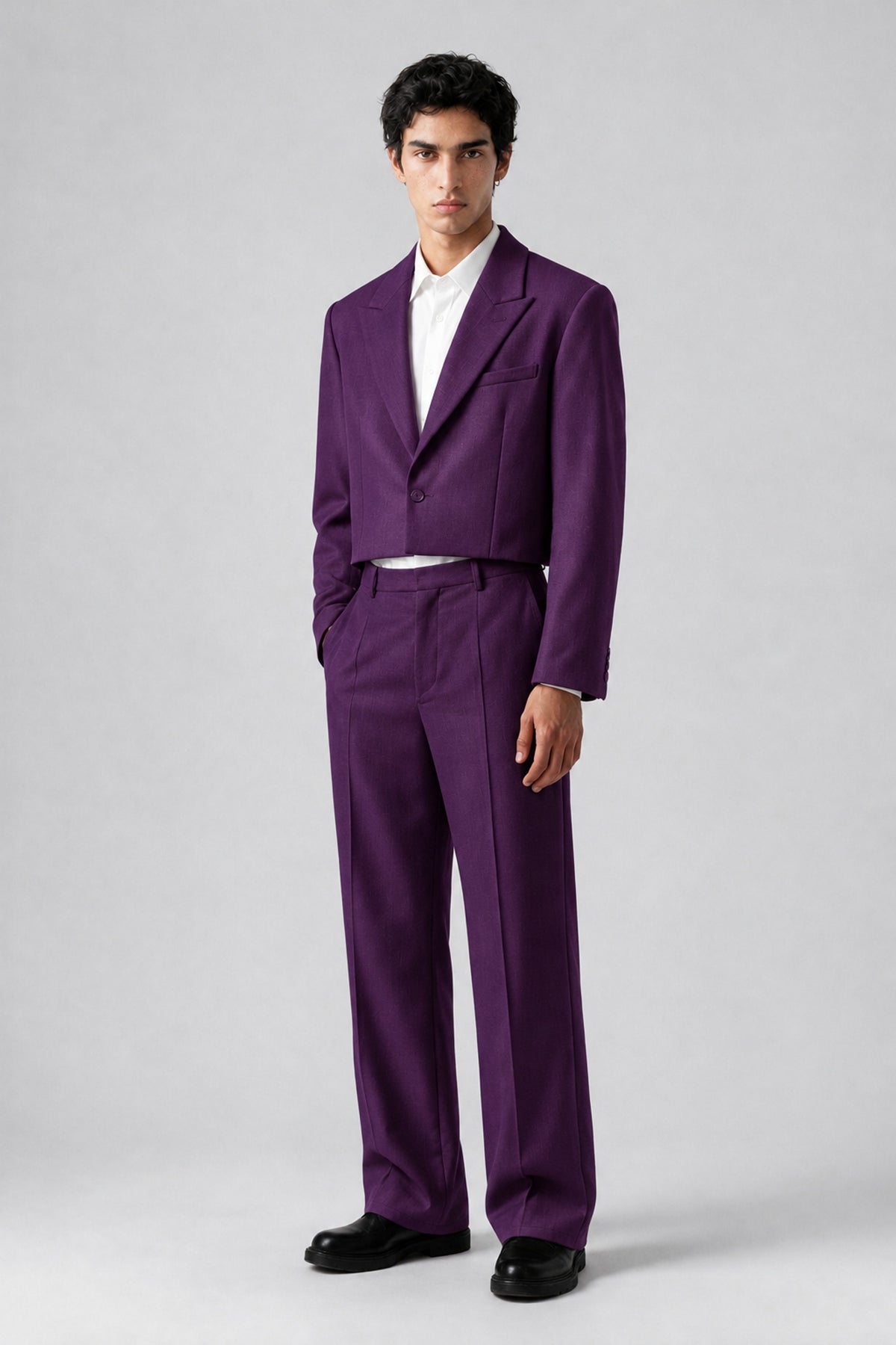 Bolodoo Men's Purple Cropped Blazer & Wide-Leg Trousers 2-Piece Suit - Purple - Purple (3)