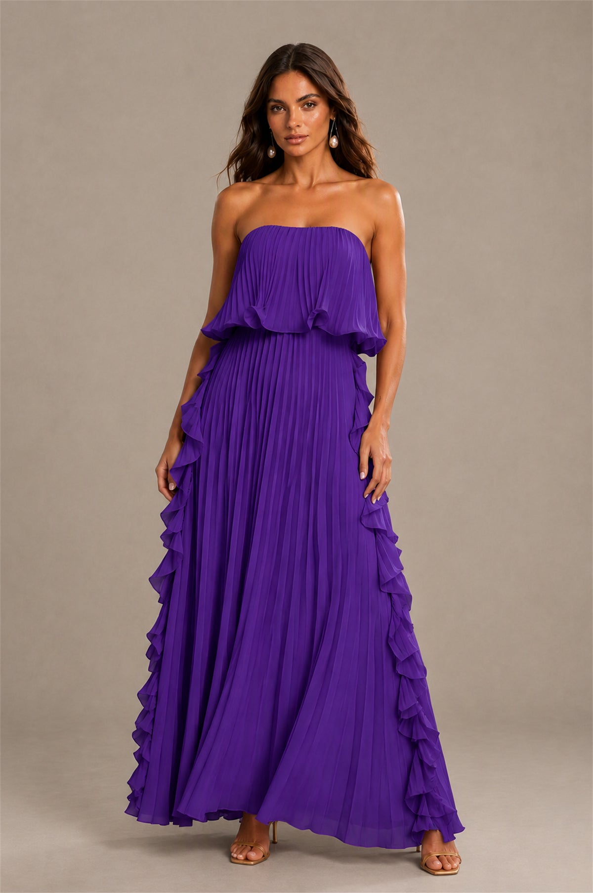 BOLODOO Purple Strapless Ruffle Bodice Dual Cascading Ruffle Accordion Pleated Chiffon Maxi Dress - Purple