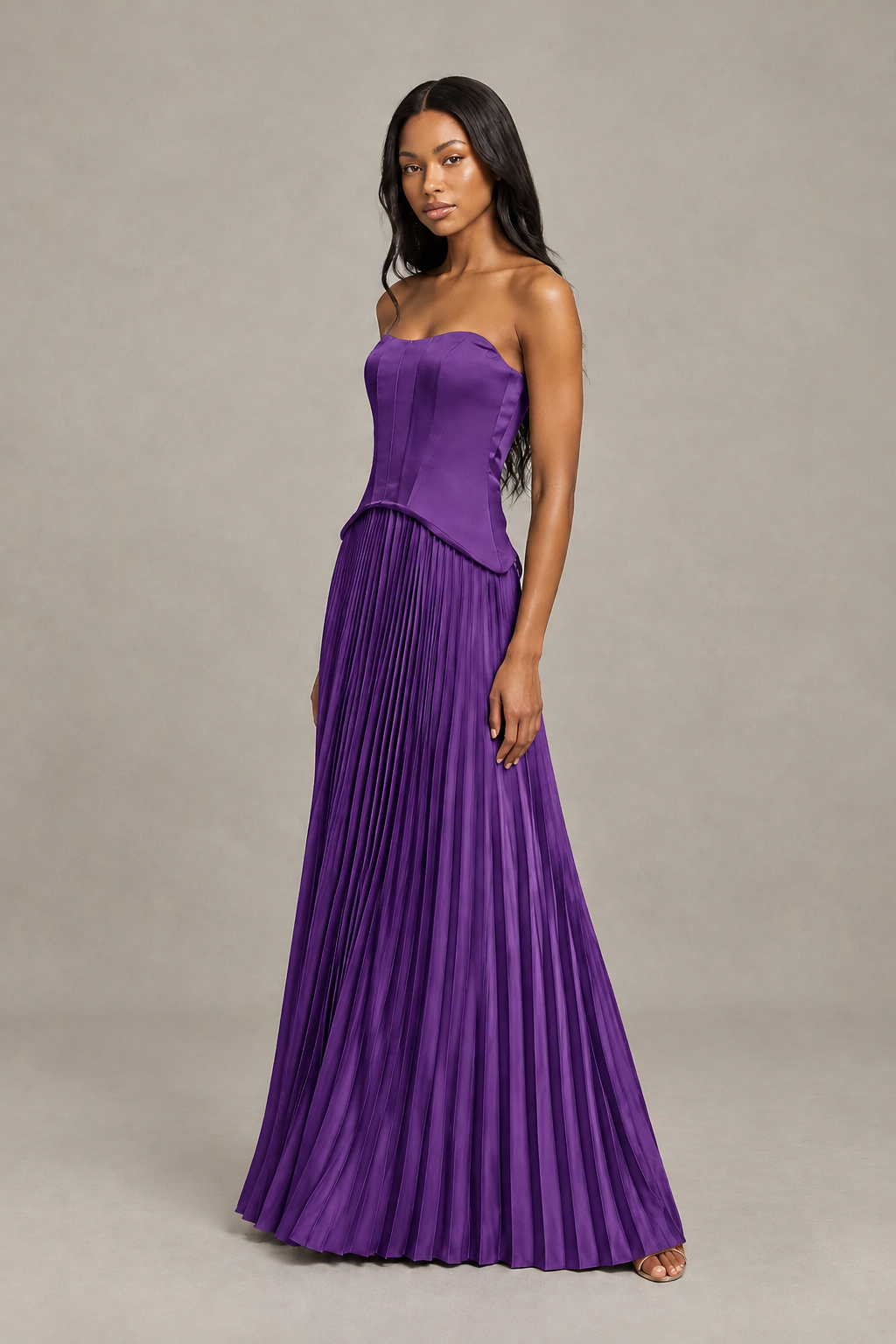 BOLODOO Purple Strapless Pleated Satin Evening Prom Dress - Purple