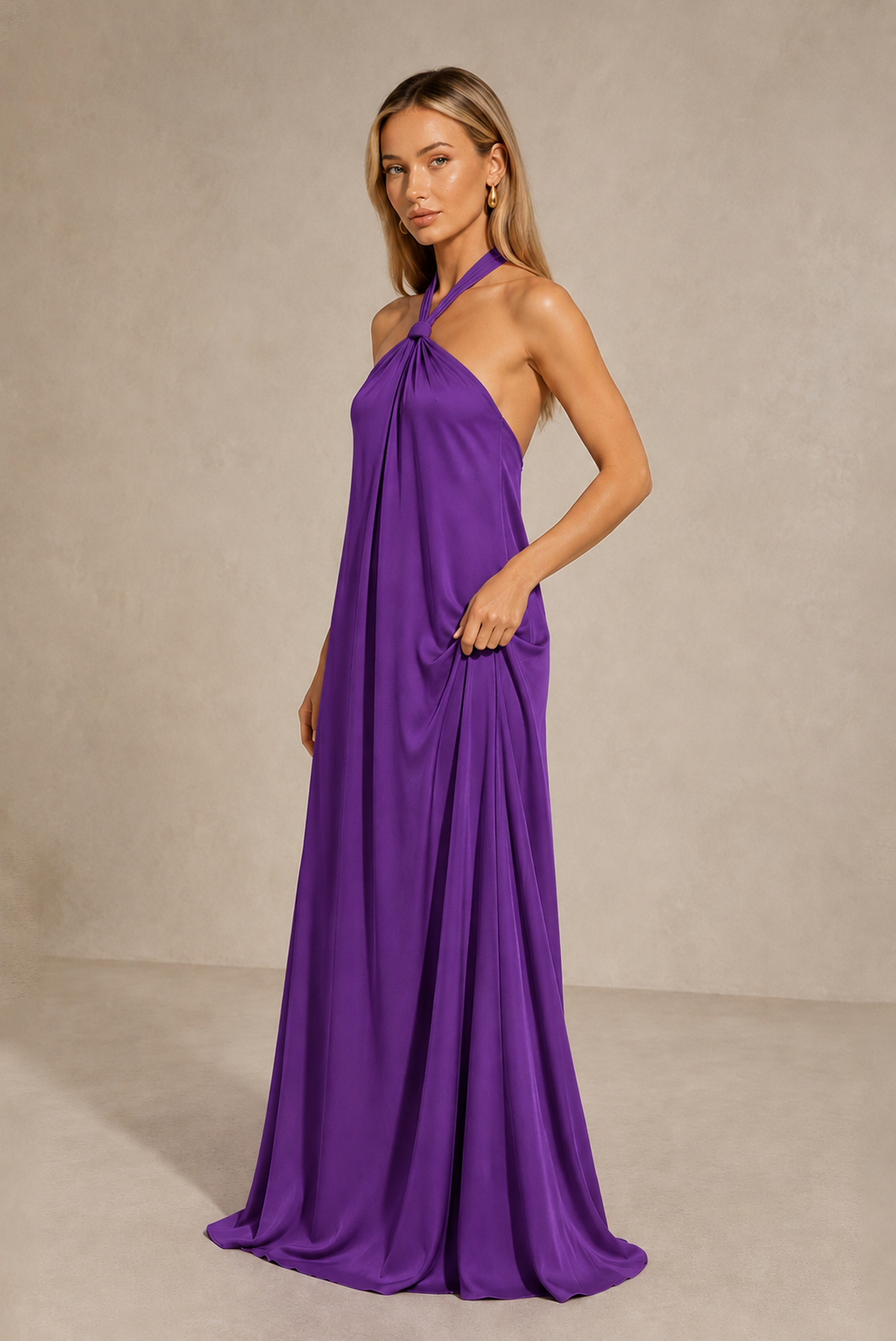 BOLODOO Purple Backless Halter Satin Bridesmaid Dress - Purple