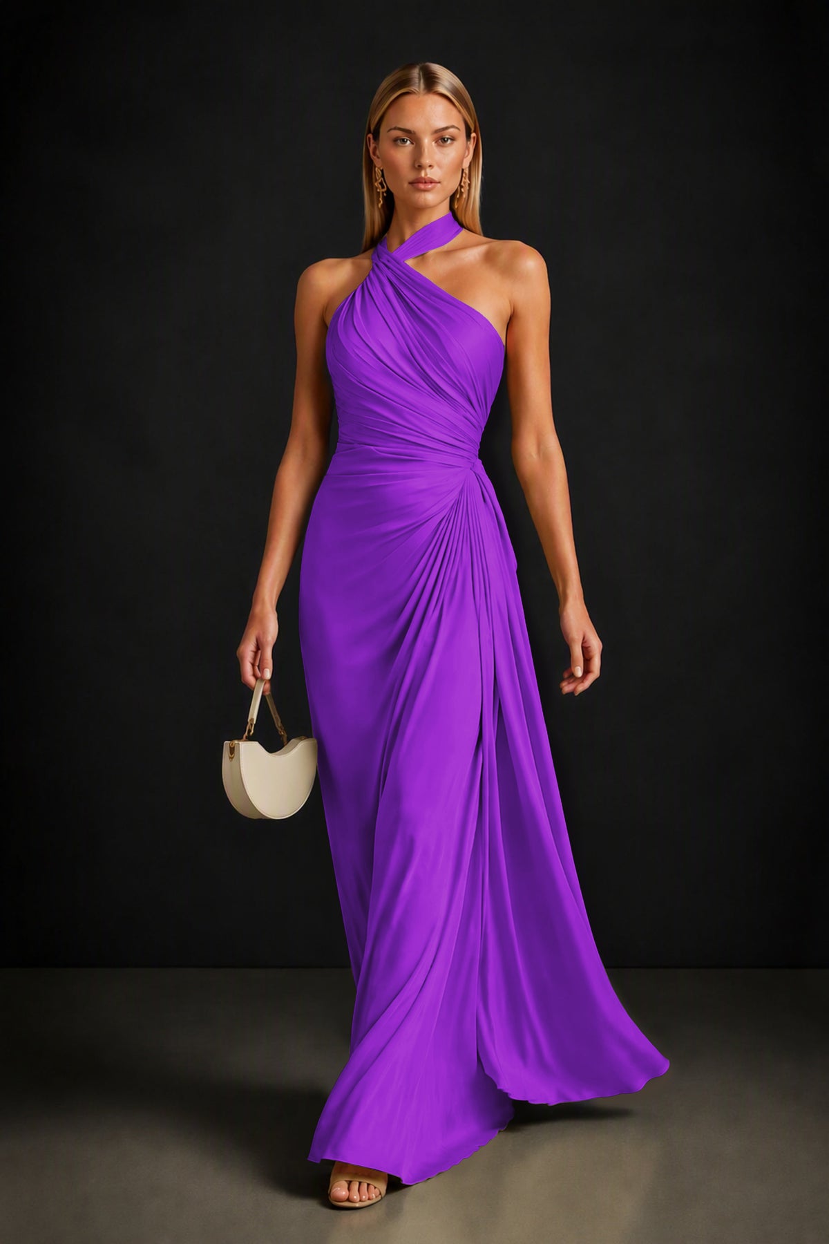 BOLODOO Purple Twisted Halter Neck Ruched Sleeveless Open Back Floor-Length Gown - Purple