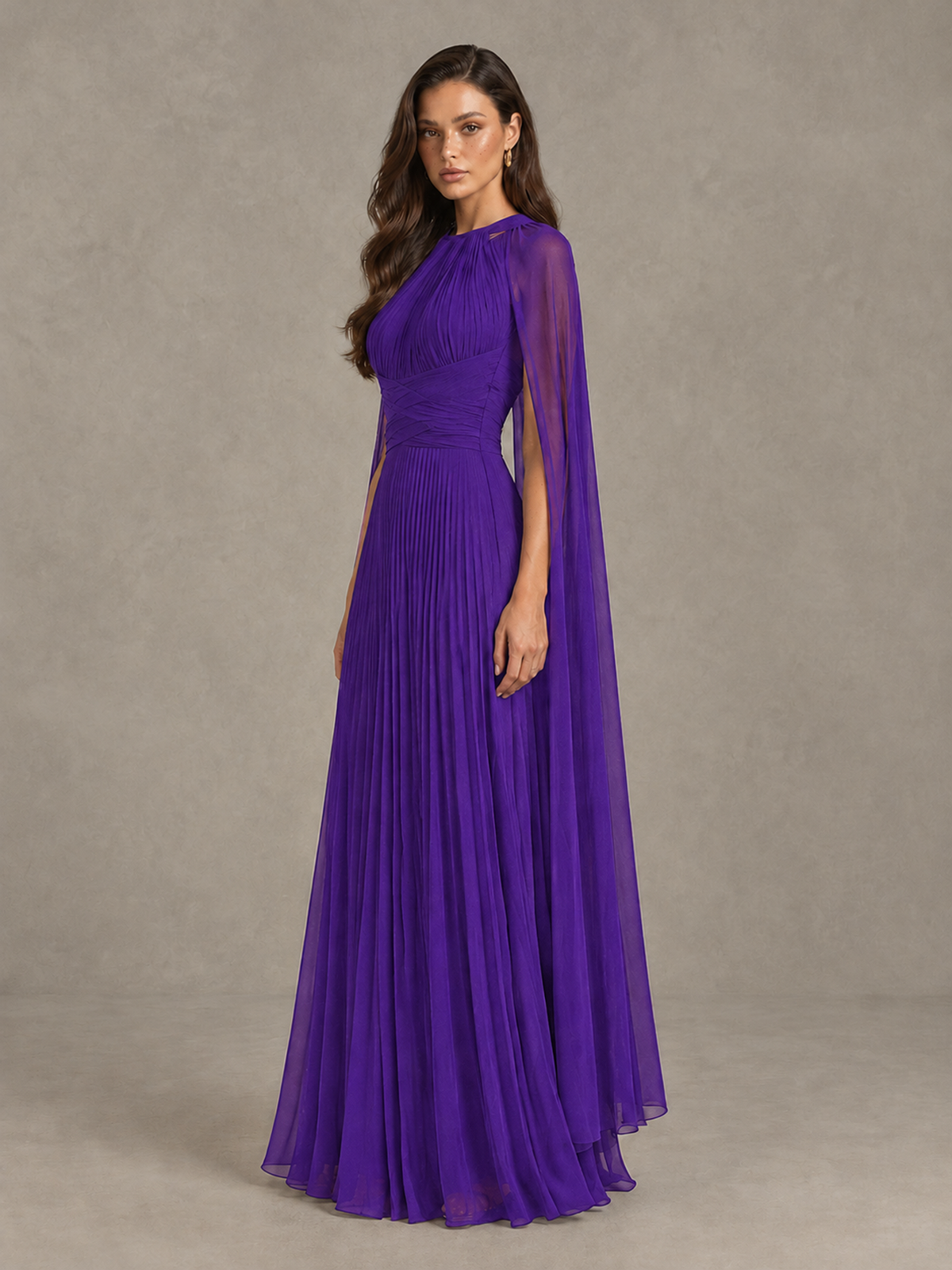 BOLODOO Purple Pleated Cape Maxi Wedding Guest Dress - Purple - Purple (3)