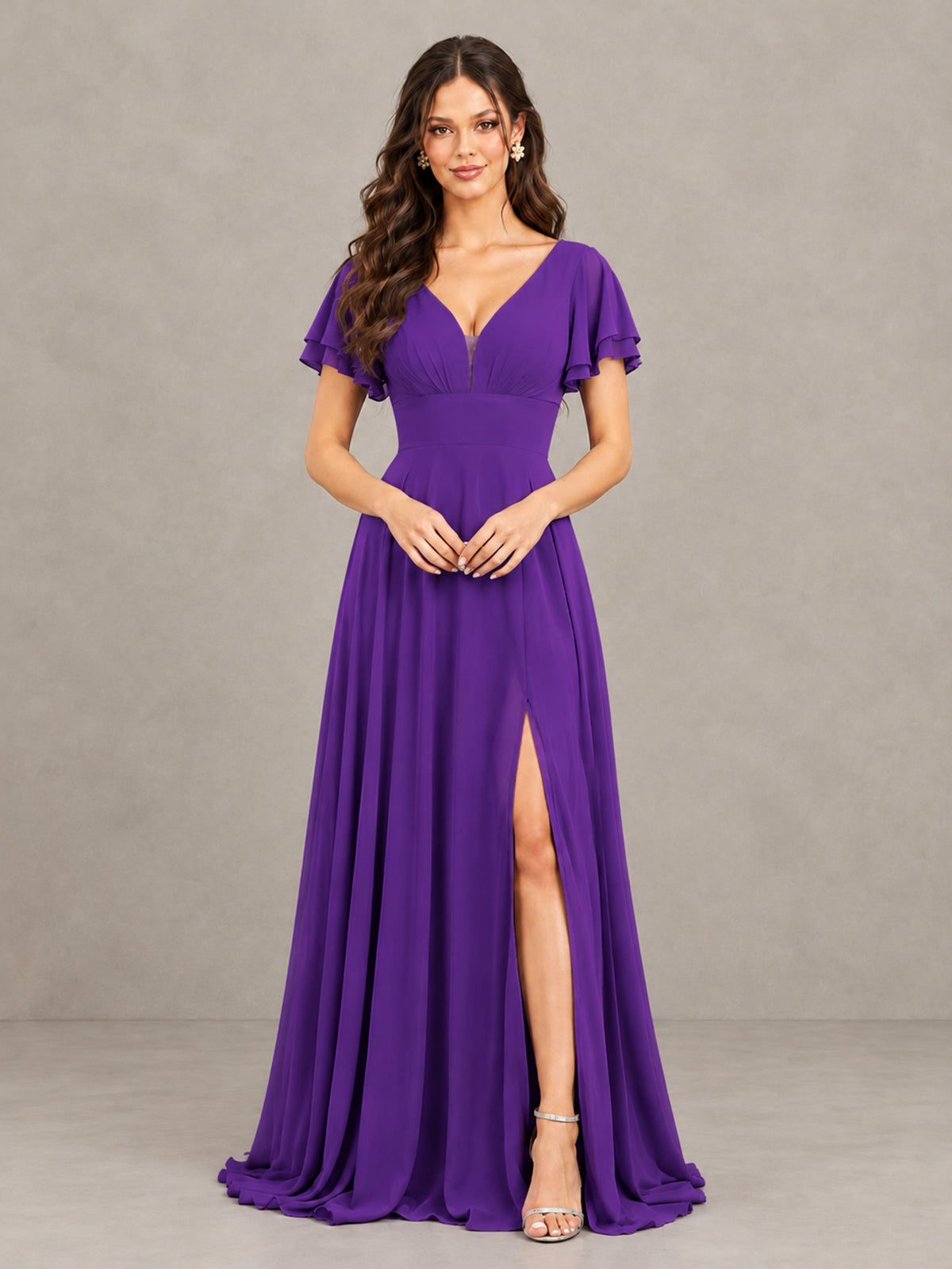 BOLODOO Purple Flutter Sleeve Chiffon A-Line Maxi Bridesmaid Dress with Open Back & Slit - Purple - Purple (4)
