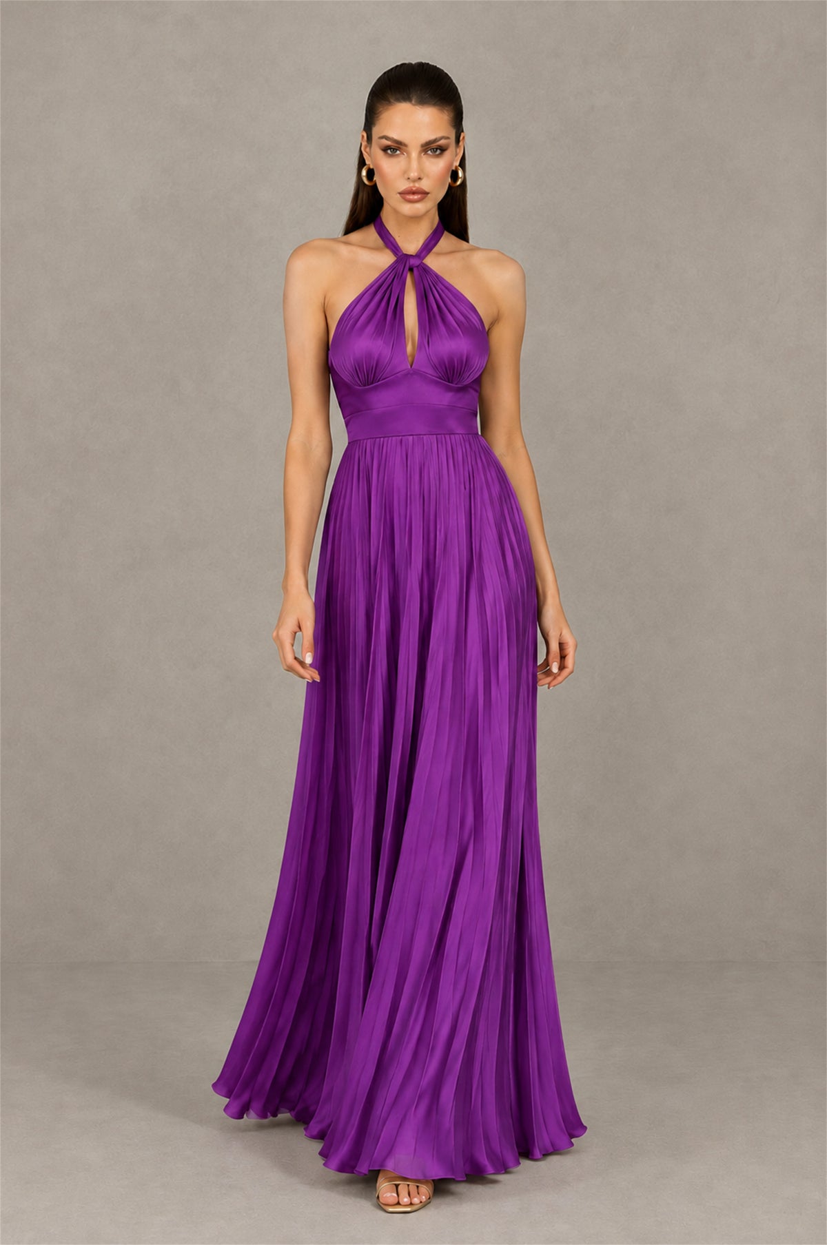 BOLODOO Purple Halter Pleated A-Line Evening Dress - Purple - Purple (4)
