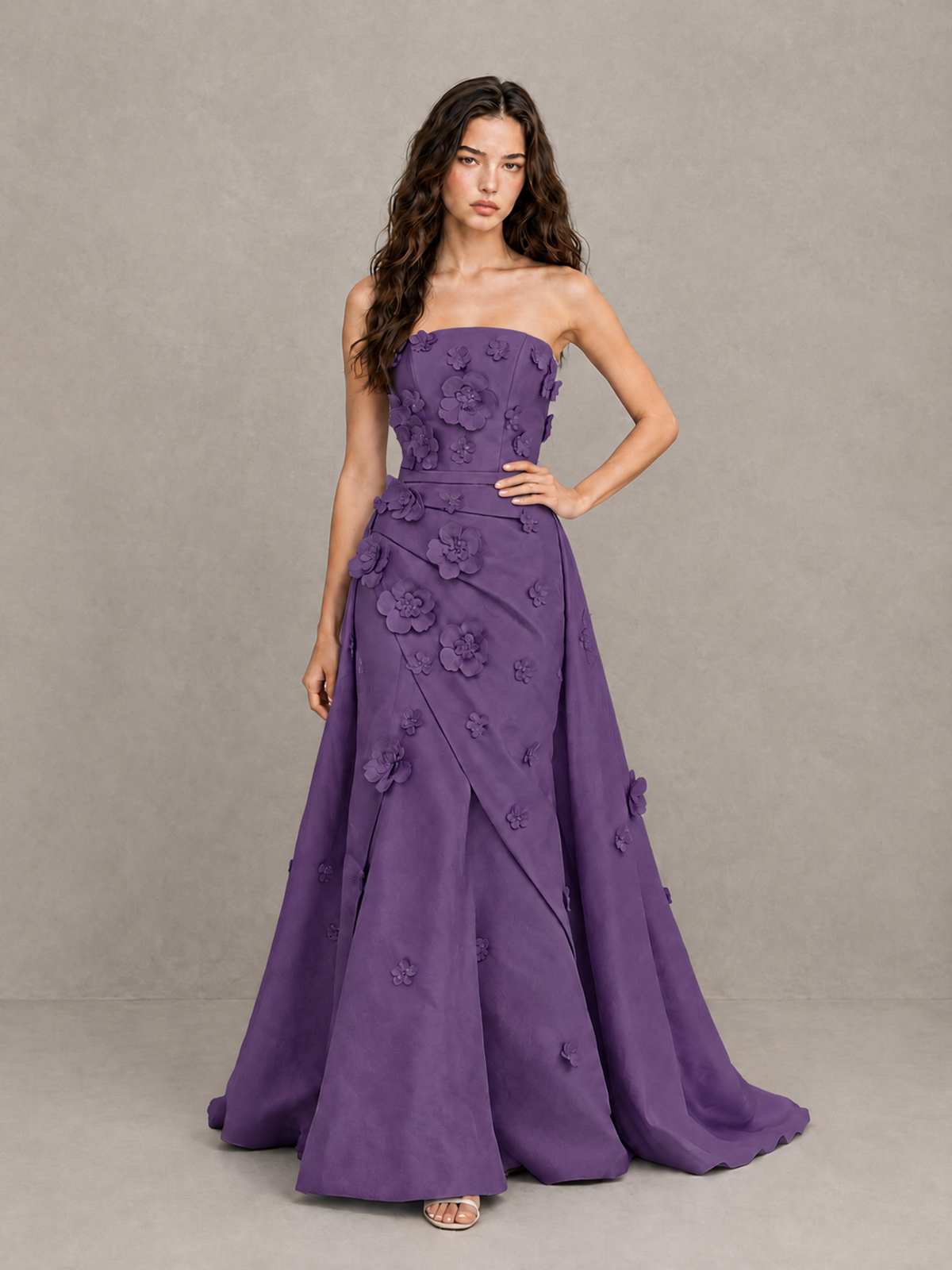 BOLODOO Purple Strapless 3D Floral Applique Prom Gown with Draped Skirt - Purple - Purple (4)