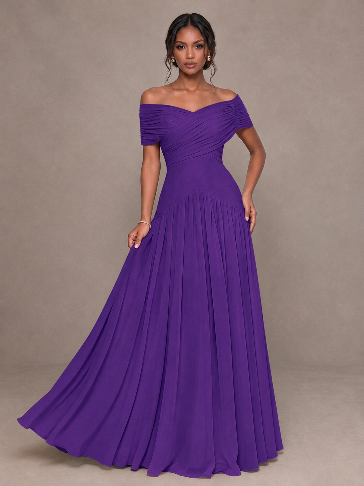 BOLODOO Purple Off-Shoulder Ruched A-Line Bridesmaid Dress - Purple - Purple (4)
