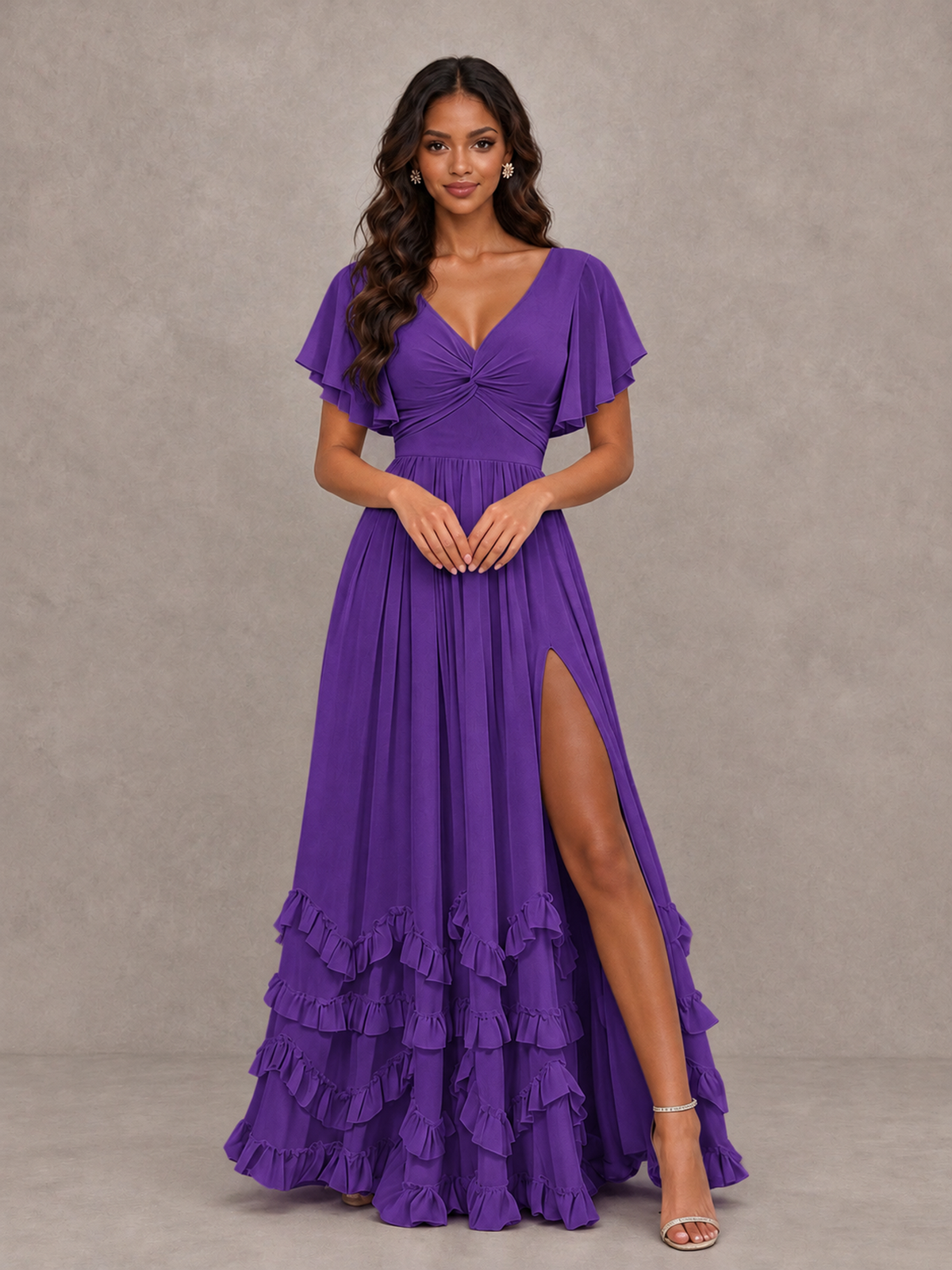 BOLODOO Purple V-Neck Flutter Sleeve Ruffle Bridesmaid Dress with Slit - Purple - Purple (4)