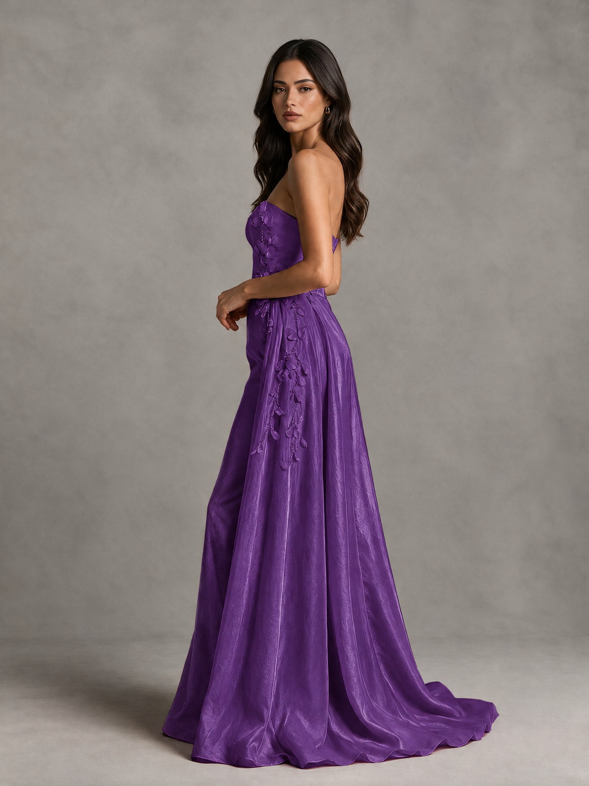 BOLODOO Purple Strapless Floral Applique Prom Dress with Overskirt - Purple - Purple (4)