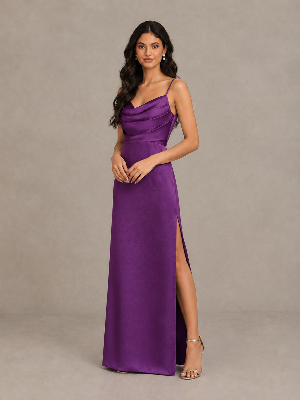 BOLODOO Purple Cowl Neck Satin Bridesmaid Dress with Slit - Purple - Purple (4)