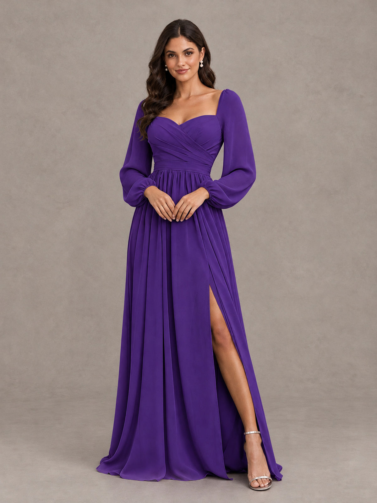 BOLODOO Purple Long Sleeve Chiffon Bridesmaid Dress with Slit - Purple - Purple (4)