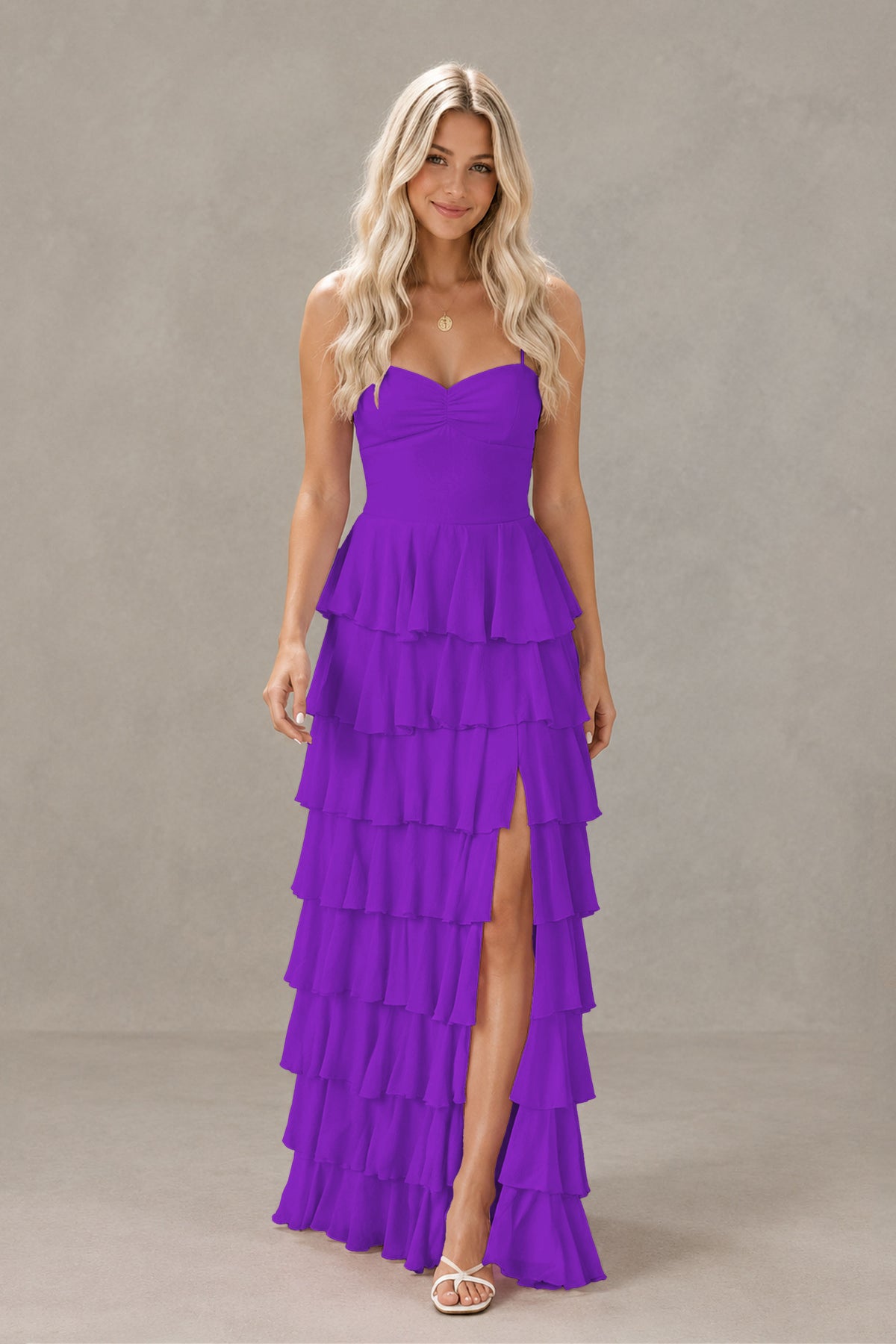 BOLODOO Purple Strapless Tiered Ruffle Maxi Dress with Slit & Lace-Up Back - Purple