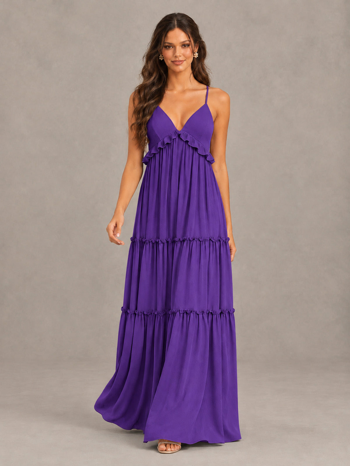 BOLODOO Purple Tiered V-Neck Lace-Up Back Bridesmaid Dress - Purple - Purple (4)