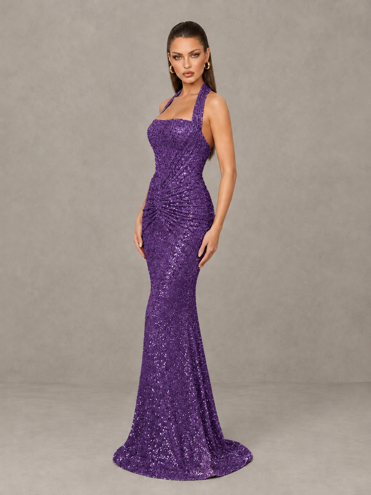 BOLODOO Purple Sequin Halter Mermaid Evening Gown - Purple - Purple (4)
