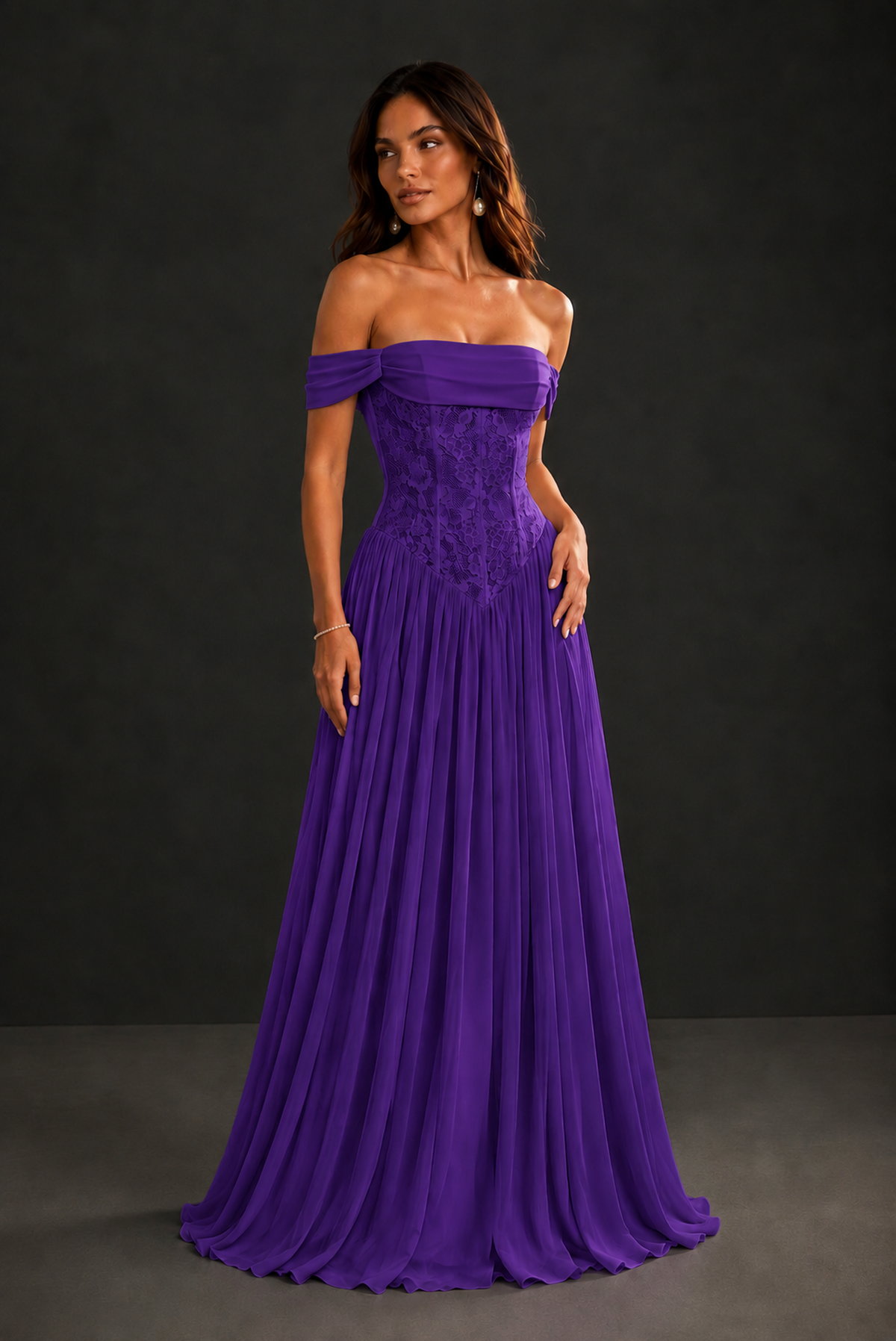 BOLODOO Purple Off-Shoulder Lace Corset Tulle Maxi Dress - Purple
