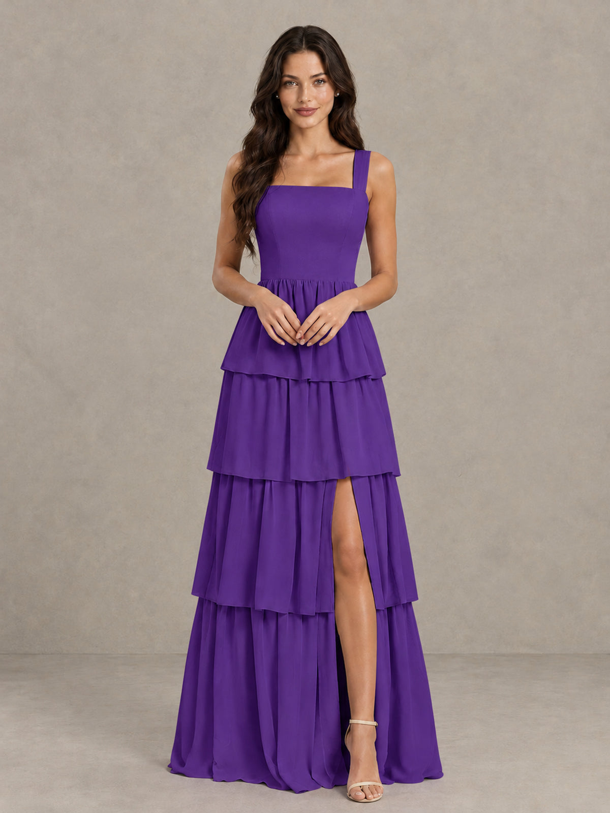 BOLODOO Purple Square Neck Tiered Bridesmaid Dress with Slit - Purple - Purple (4)