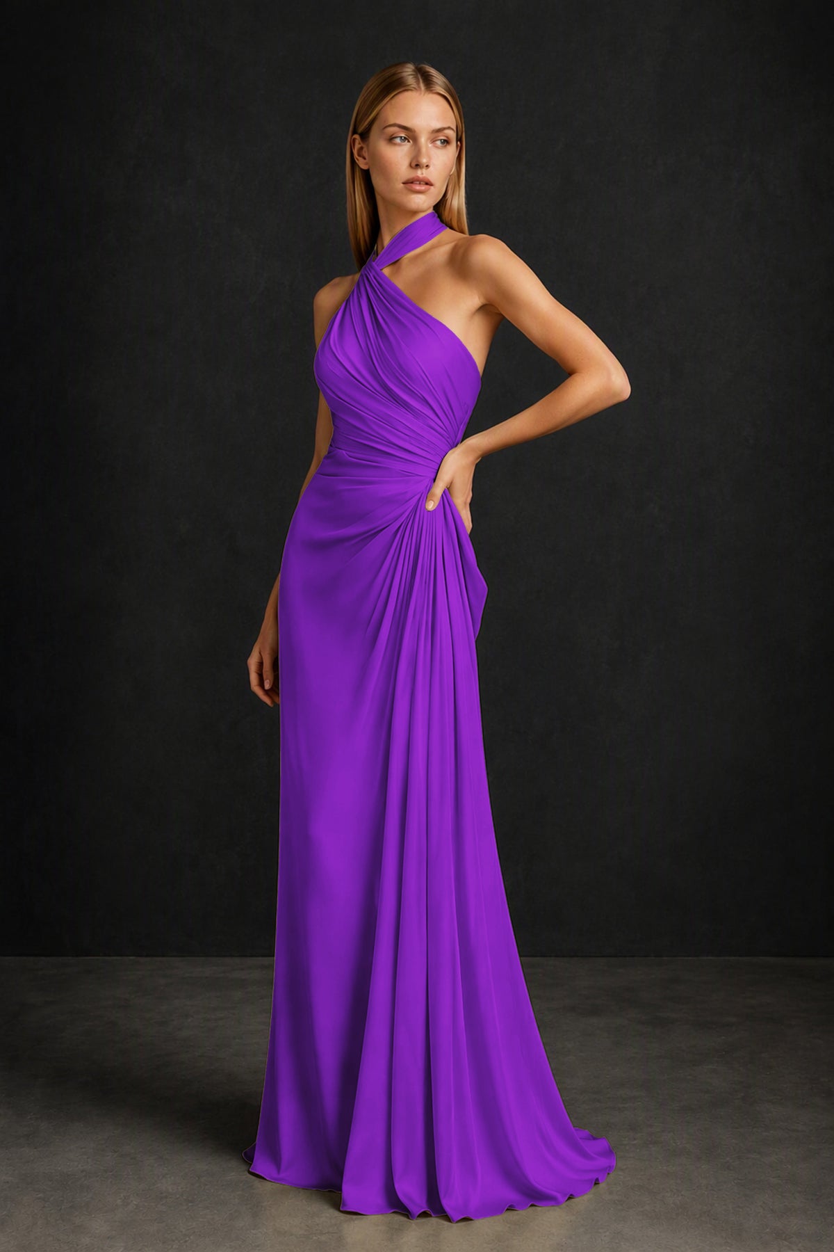 BOLODOO Purple Twisted Halter Neck Ruched Sleeveless Open Back Floor-Length Gown - Purple