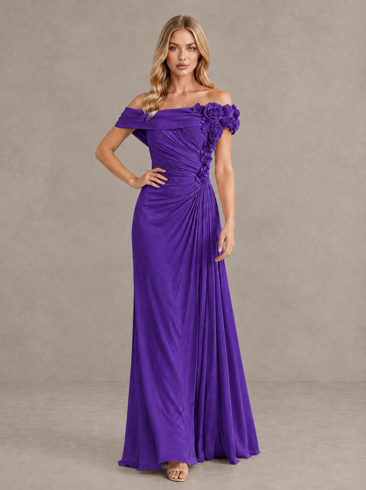 BOLODOO Purple Off-Shoulder Floral Applique Wedding Guest Maxi Dress - Purple - Purple (4)