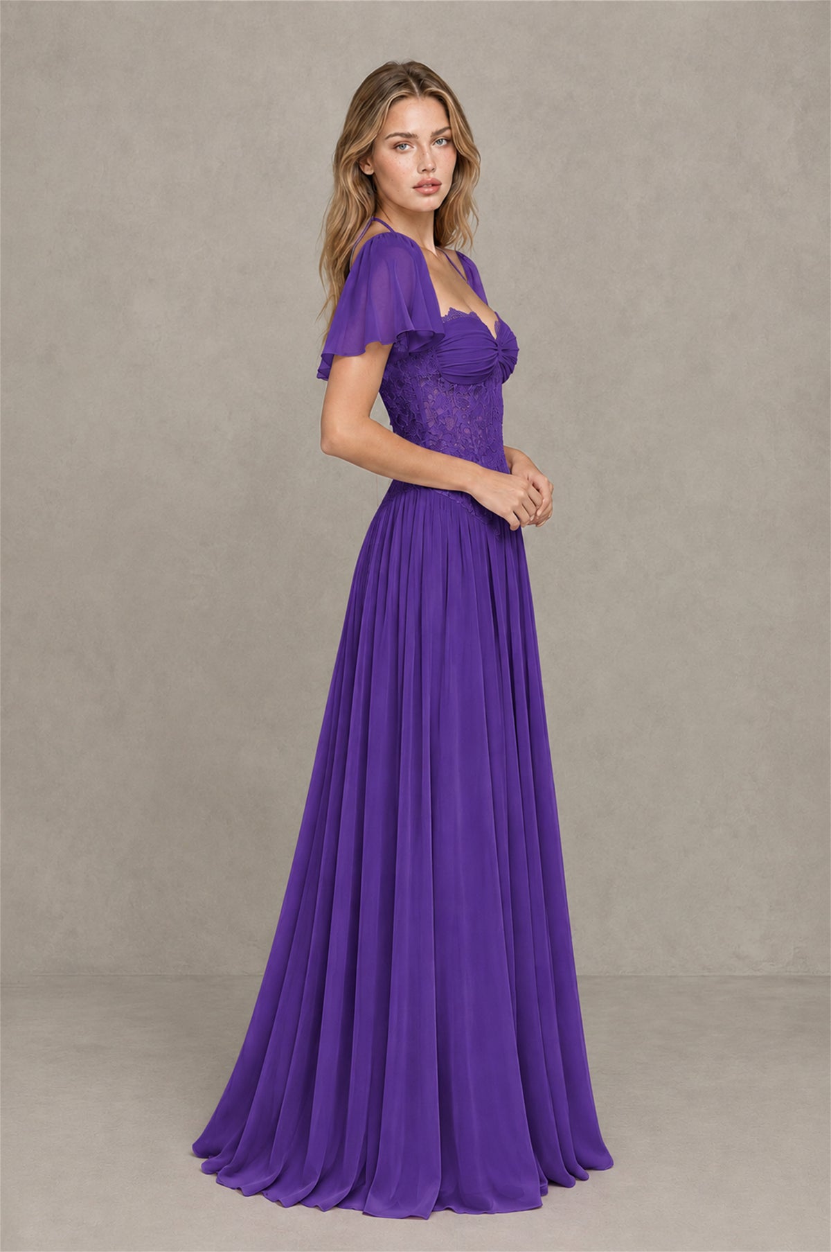 BOLODOO Purple Flutter Sleeve Lace Corset A-Line Maxi Dress - Purple - Purple (4)