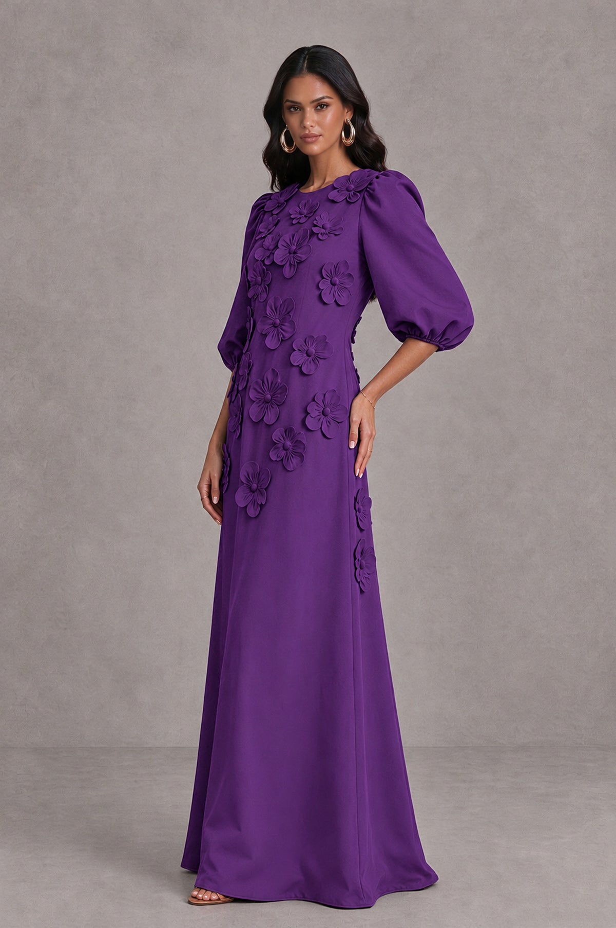 BOLODOO Purple Floral Applique Puff Sleeve A-Line Evening Dress - Purple - Purple (4)