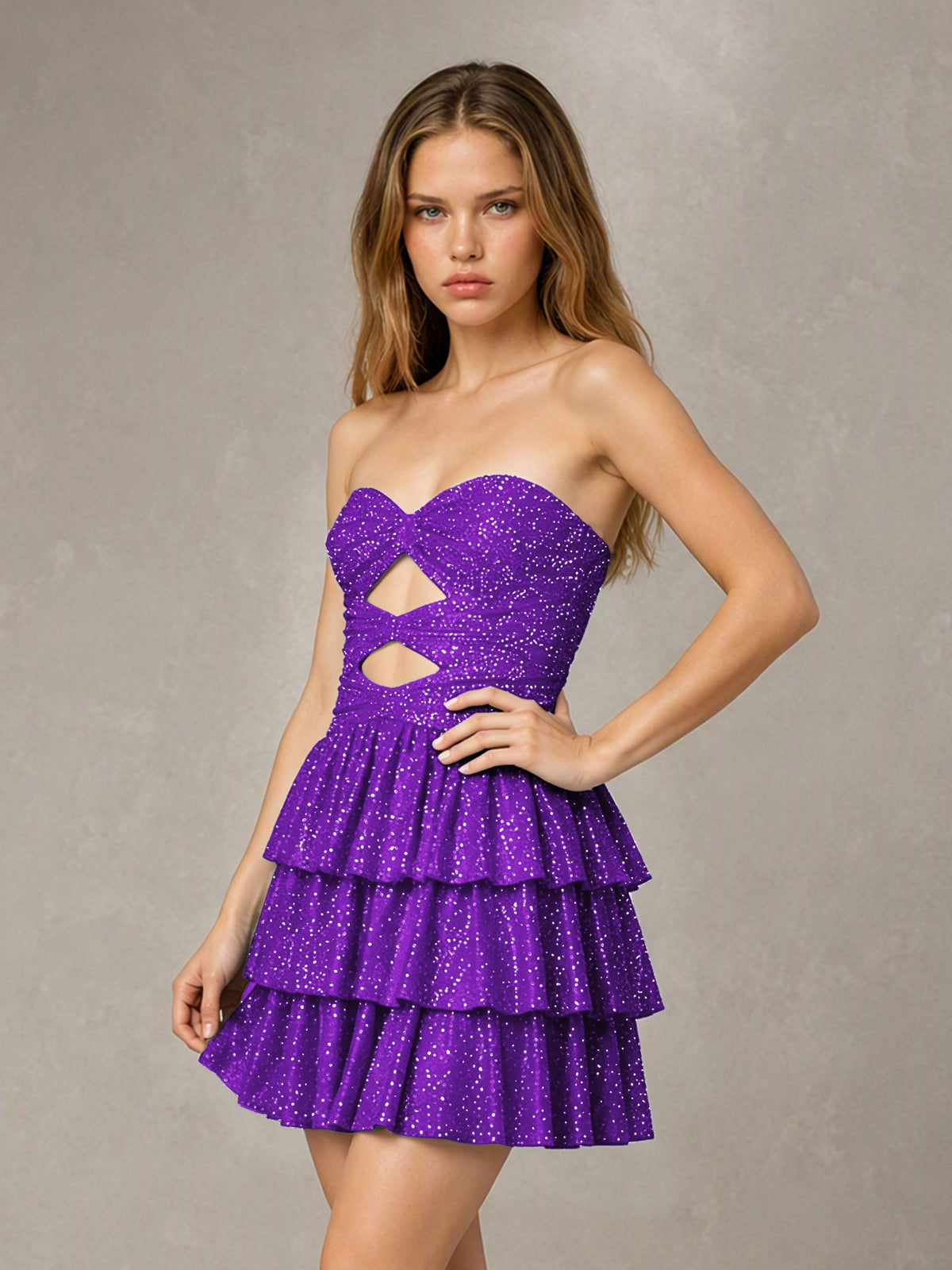 BOLODOO Purple Strapless Sweetheart Cutout Glitter Tiered Ruffle Mini Dress | Lace-Up Back Corset - Purple