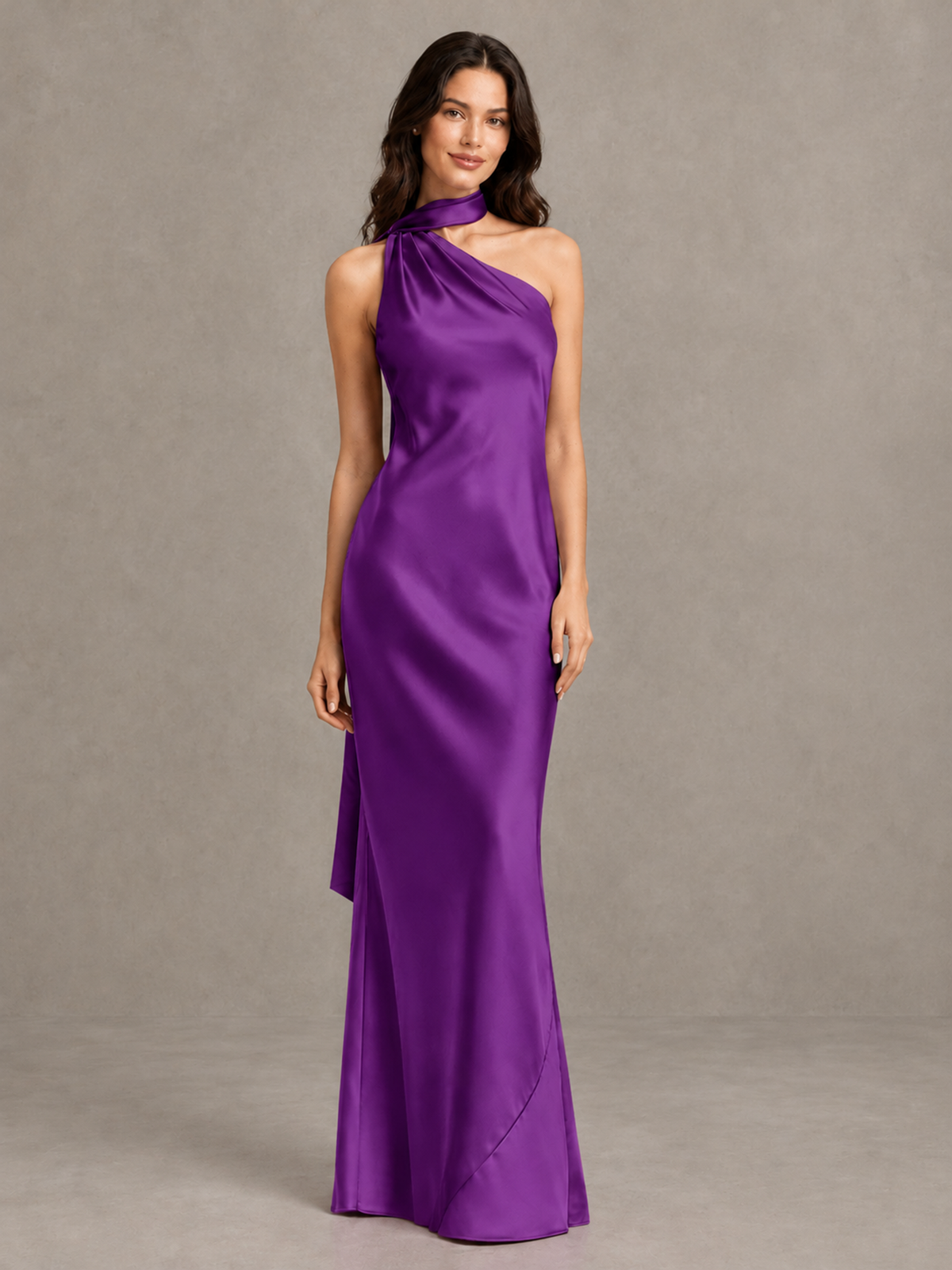 BOLODOO Purple Satin One-Shoulder Bridesmaid Dress with Open Back - Purple - Purple (4)