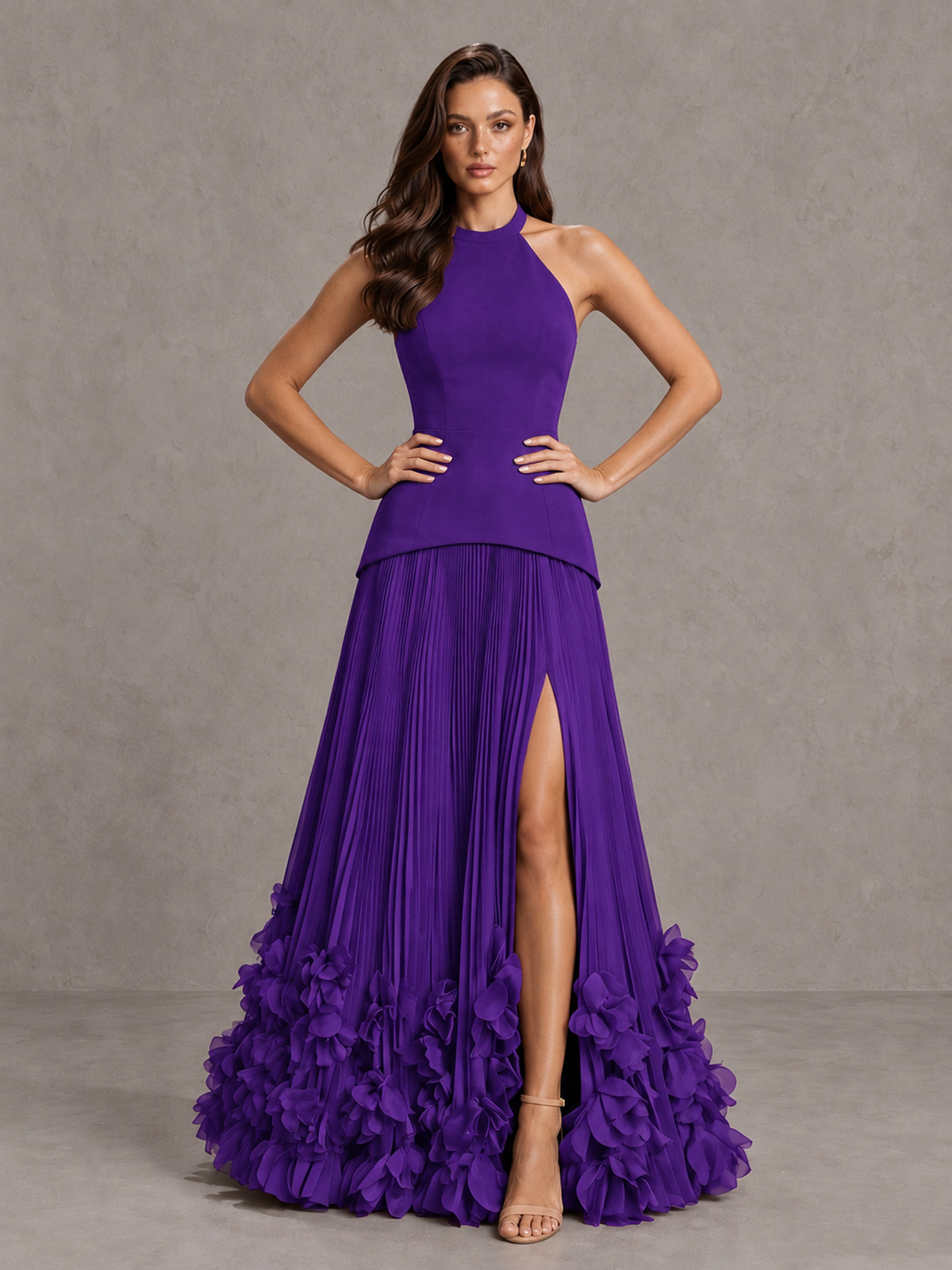 BOLODOO Purple Halter Neck Floor-Length Evening Gown with High Slit & 3D Floral Hem - Purple - Purple (4)