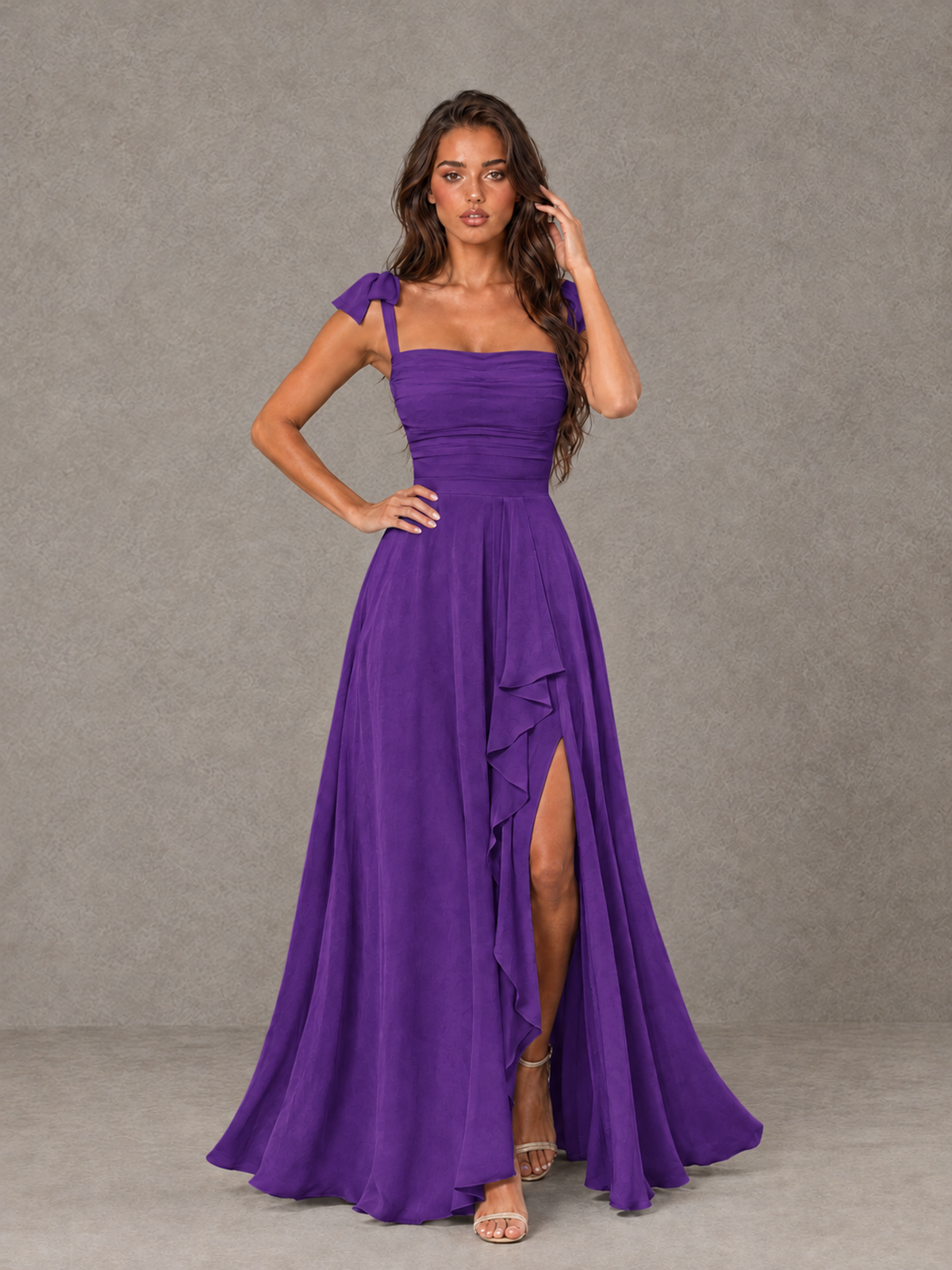 BOLODOO Purple Bow-Strap Bridesmaid Dress with Ruffle Slit - Purple - Purple (4)