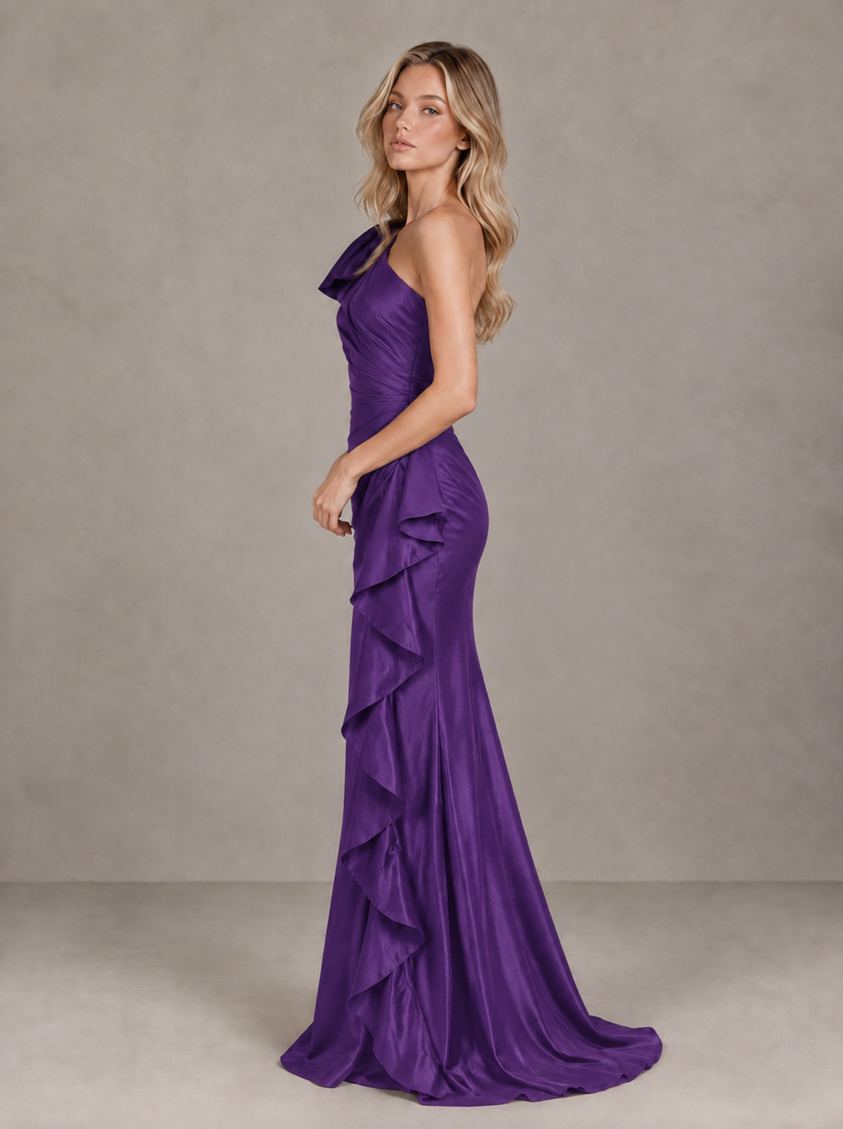 BOLODOO Purple One-Shoulder Satin-Look Mermaid Evening Dress with Ruffles - Purple - Purple (4)