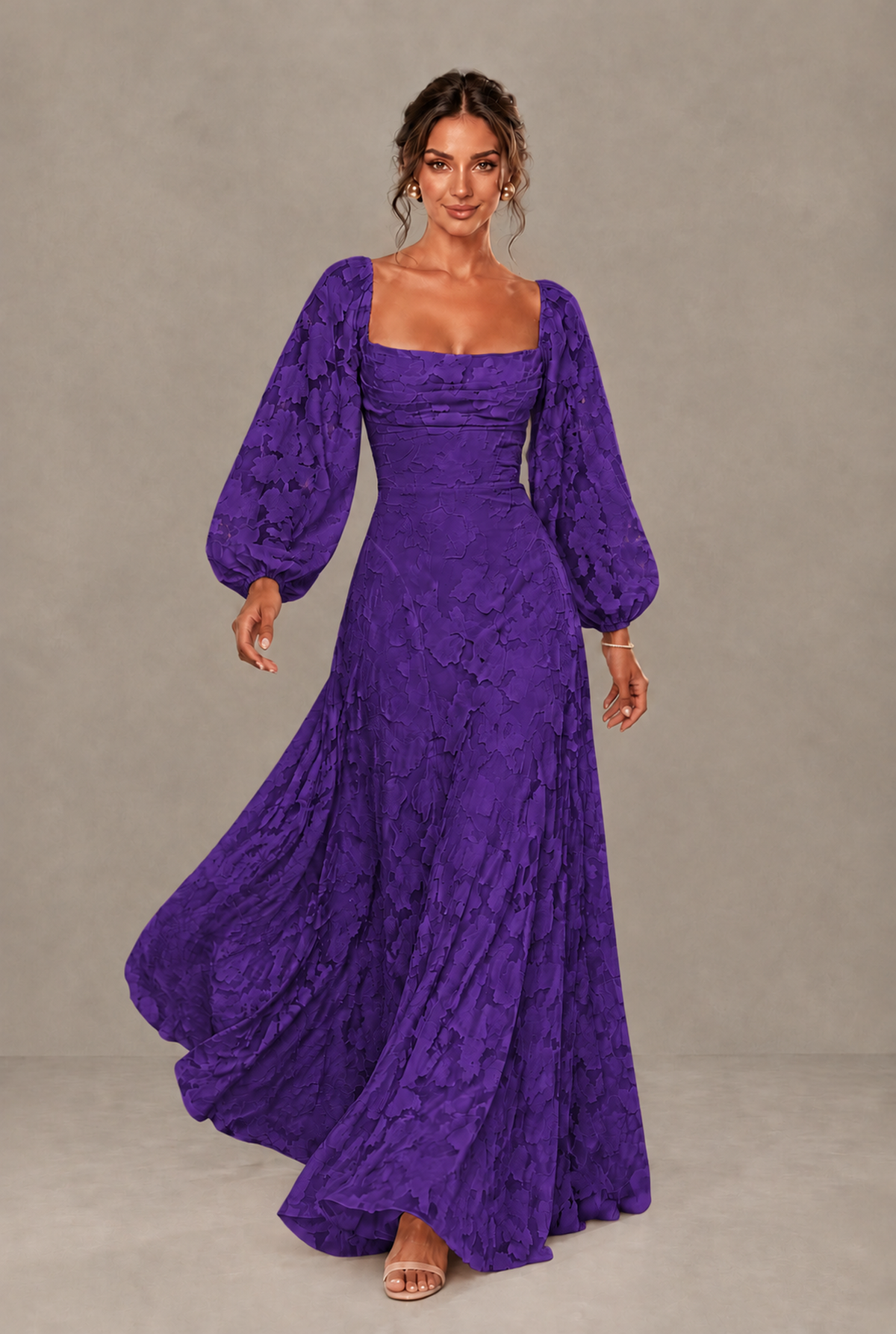 BOLODOO Floral Purple Long Sleeve A-Line Dress with Lace-Up Back - Purple