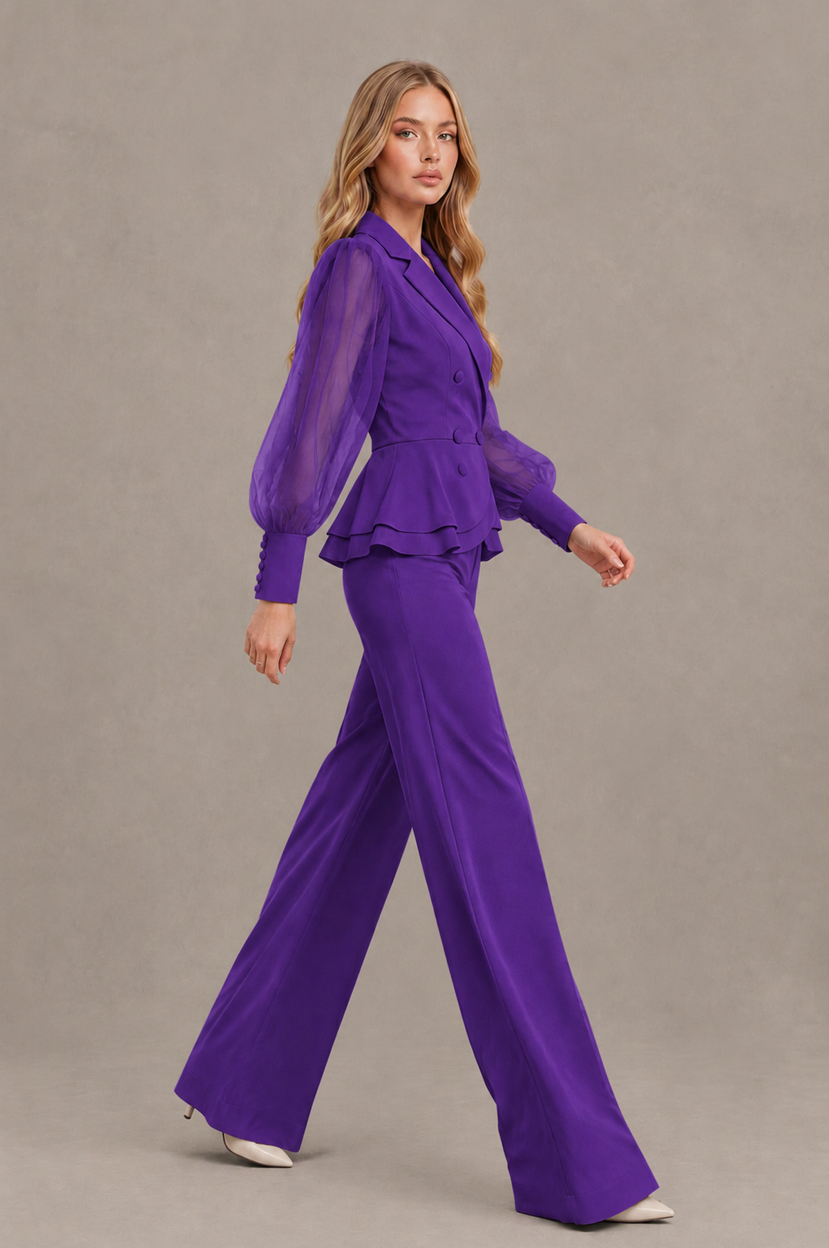 BOLODOO Mint Purple Peplum Blazer Wide-Leg Pantsuit with Sheer Puff Sleeves - Purple