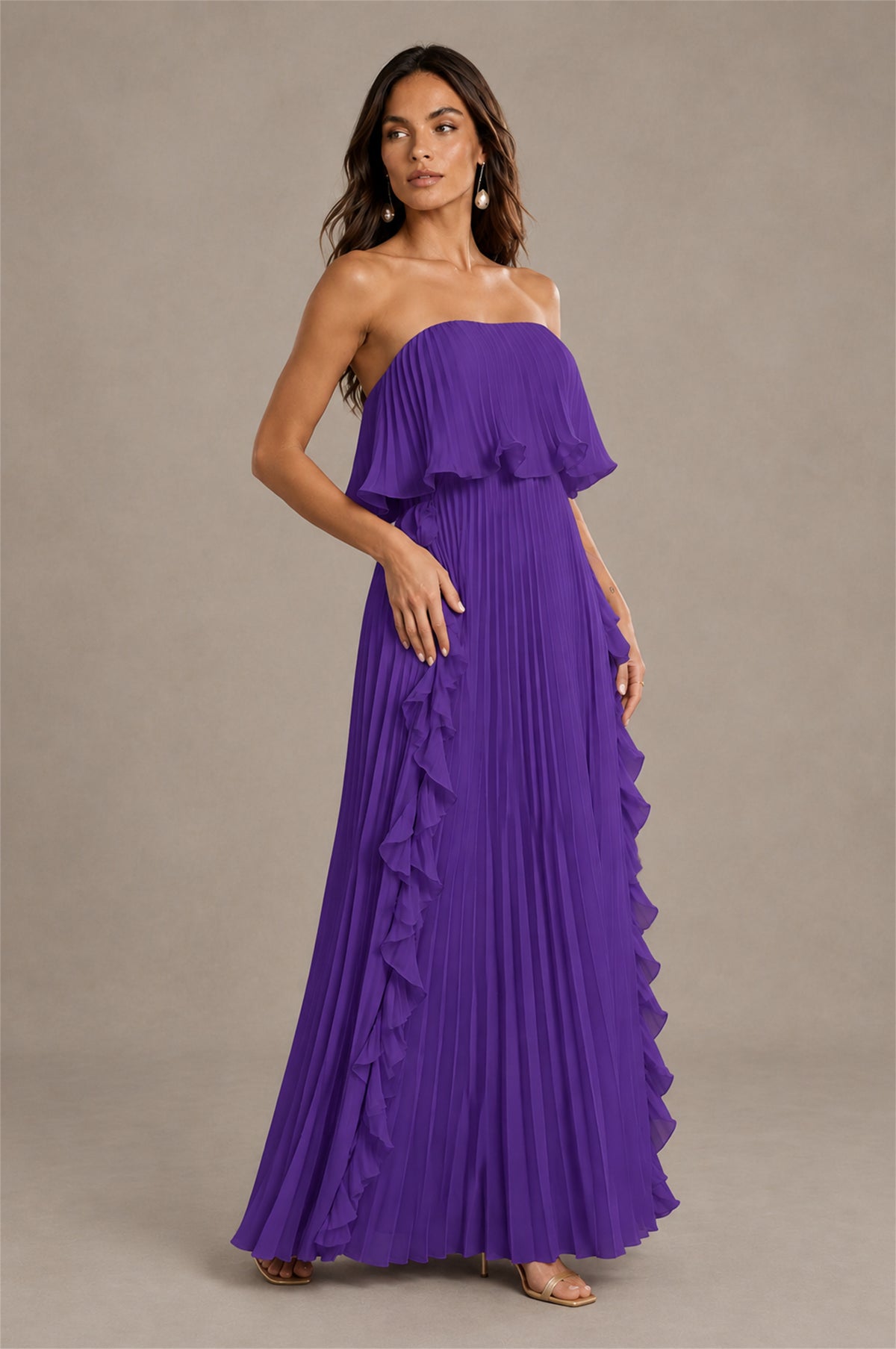BOLODOO Purple Strapless Ruffle Bodice Dual Cascading Ruffle Accordion Pleated Chiffon Maxi Dress - Purple