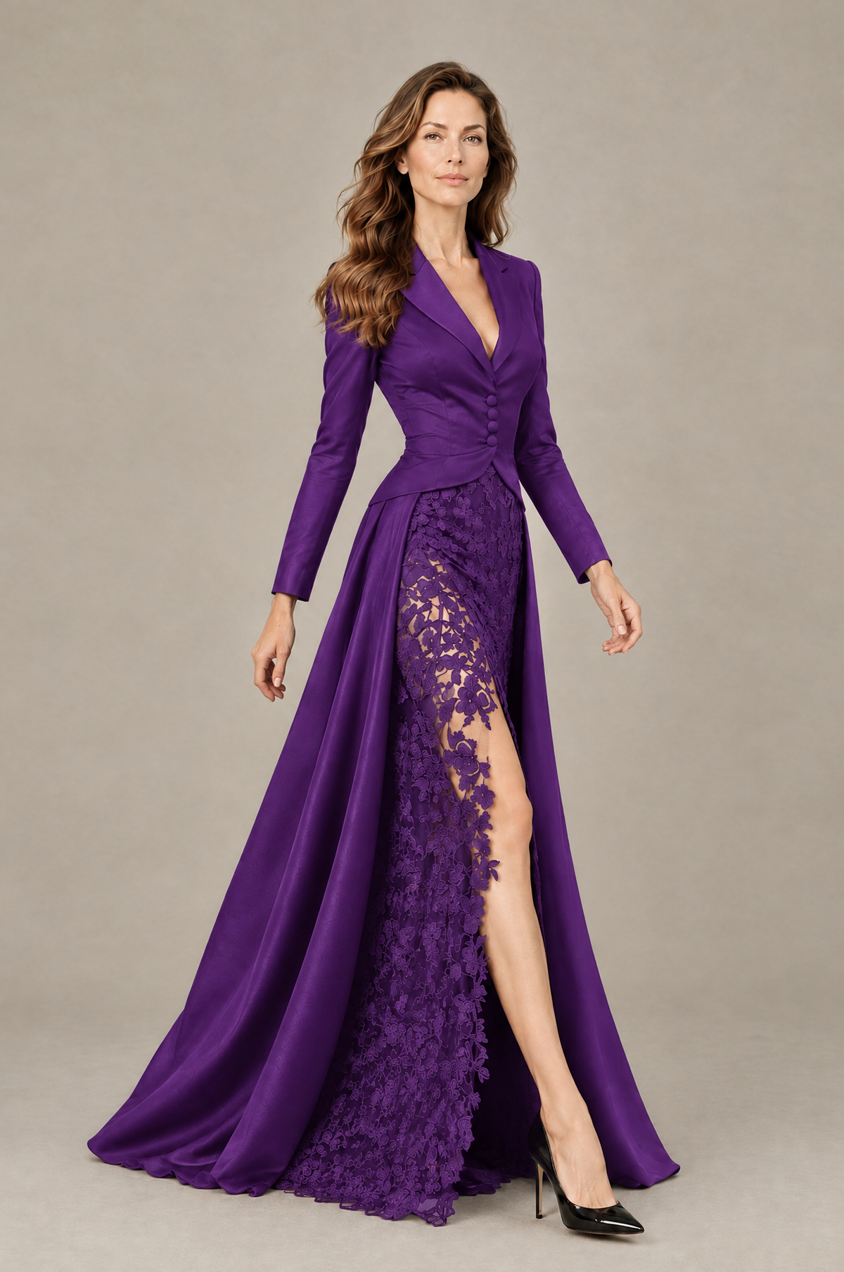 BOLODOO Purple Long Sleeve Lace Blazer Gown with High Slit - Purple - Purple (4)