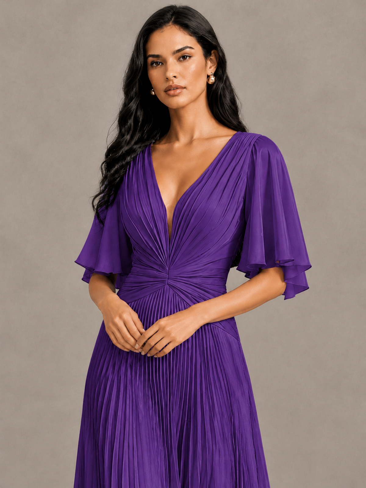 BOLODOO Purple Pleated V-Neck Flutter Sleeve Bridesmaid Dress - Purple - Purple (4)