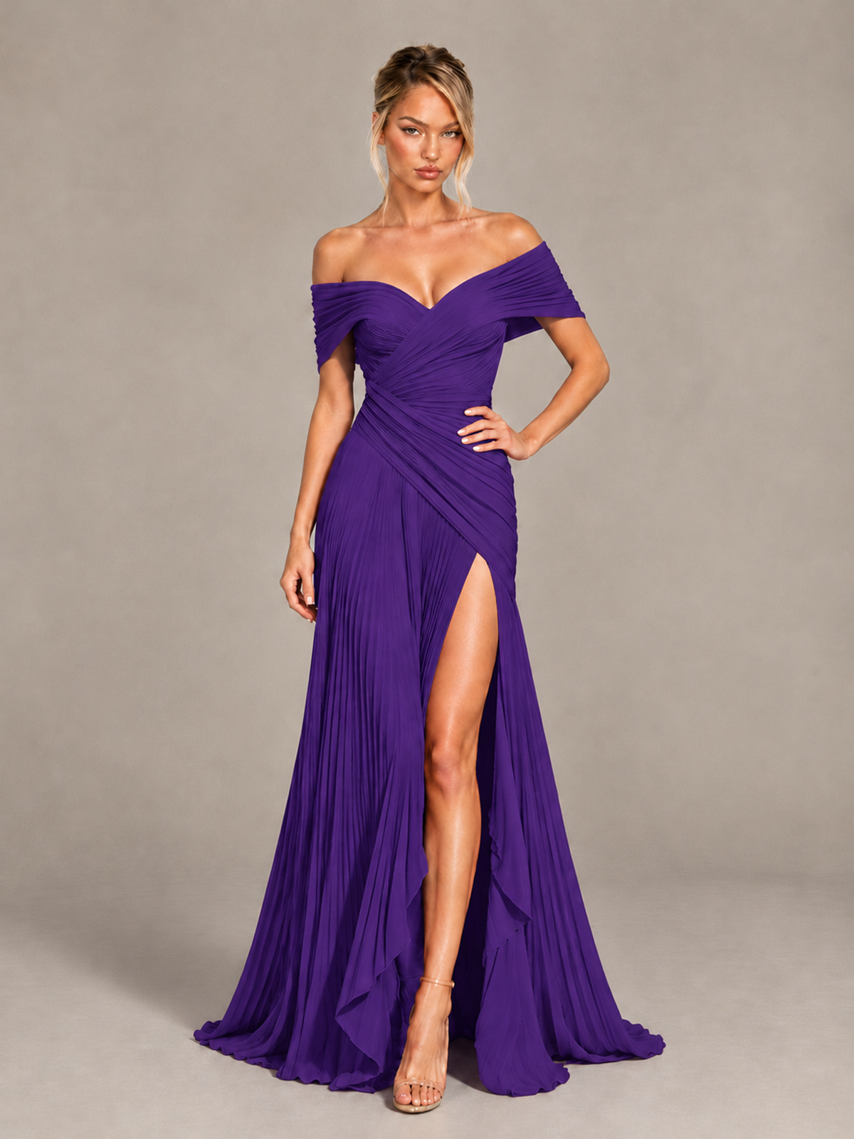 BOLODOO Purple Off-Shoulder Ruched Pleated Maxi Dress with High Slit - Purple - Purple (4)