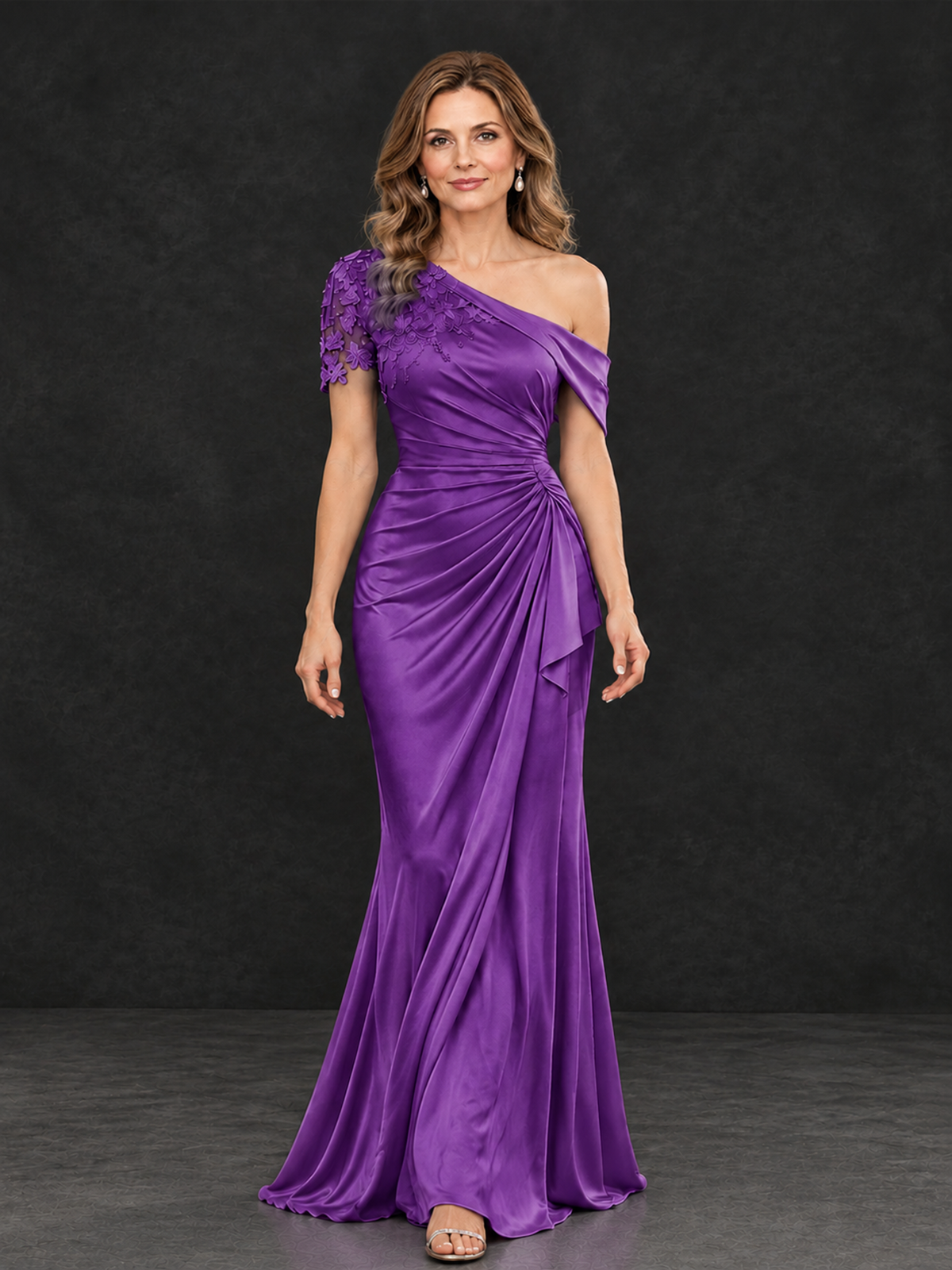 BOLODOO Purple Asymmetric Satin Mother of the Bride Dress with Lace Sleeve - Purple - Purple (4)