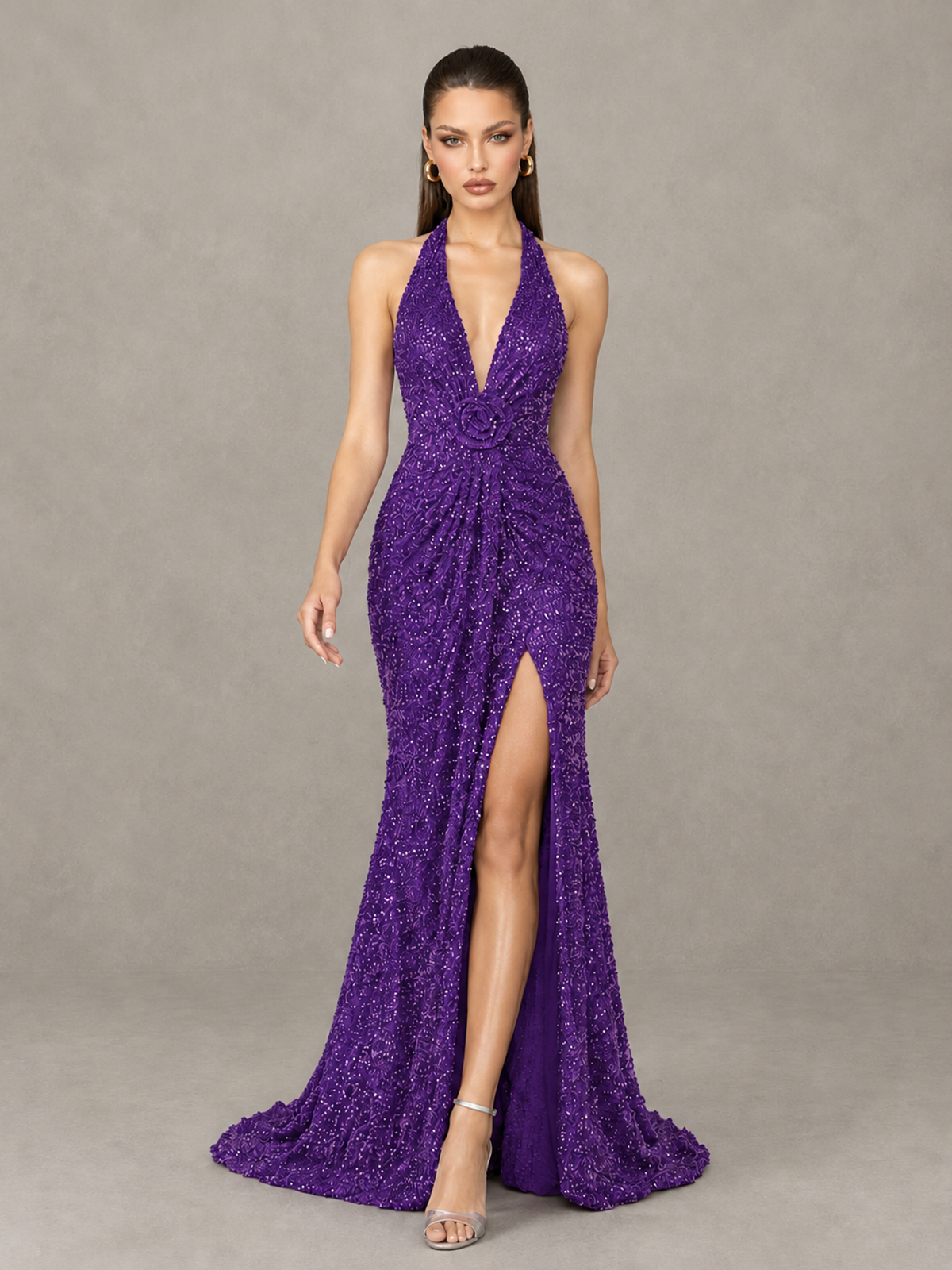 BOLODOO Purple Sequin Halter Open Back Evening Gown with High Slit - Purple - Purple (4)