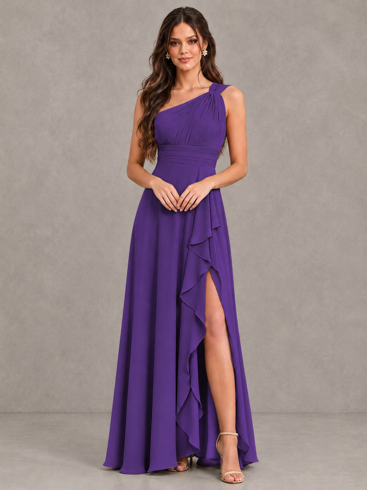 BOLODOO Purple One-Shoulder Ruffle Bridesmaid Dress with Slit - Purple - Purple (4)