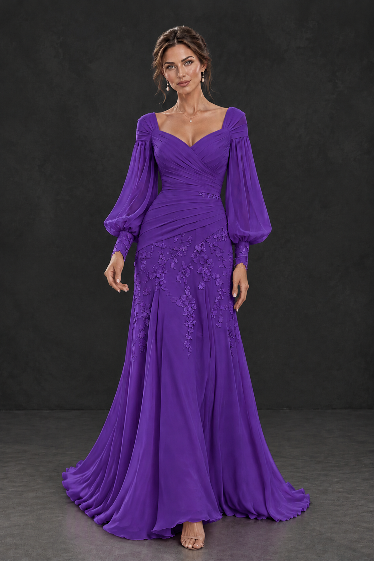 BOLODOO Purple Long Sleeve Mother of the Bride Dress with Floral Appliqués - Purple - Purple (4)