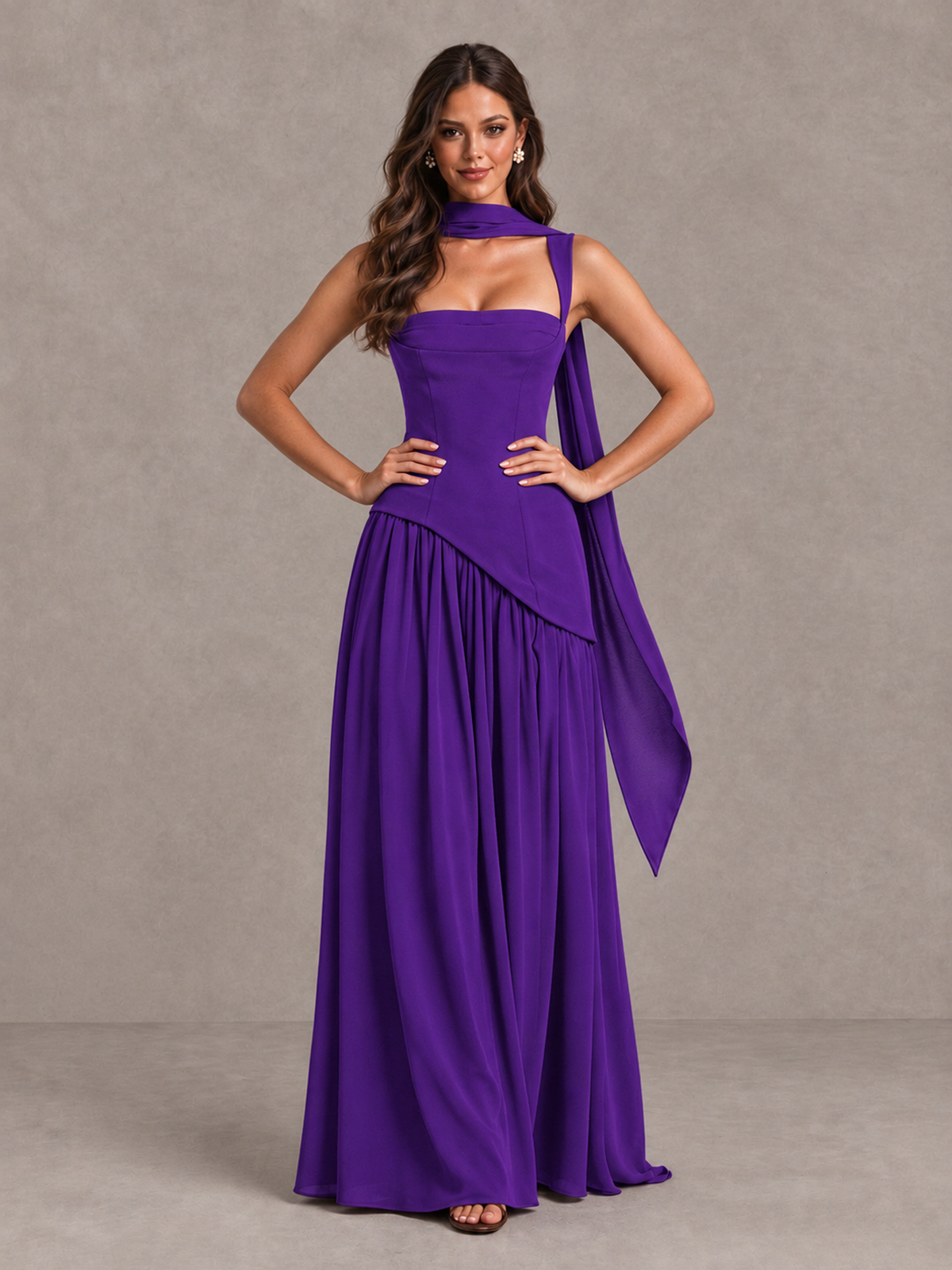 BOLODOO Purple Brown Scarf Bridesmaid Dress with Lace-Up Back - Purple - Purple (4)