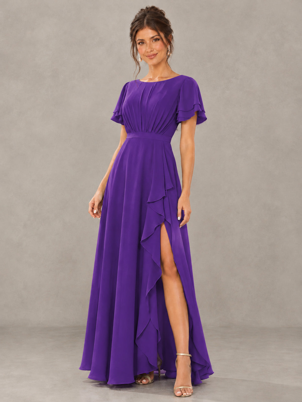 BOLODOO Purple Flutter Sleeve Ruffle Bridesmaid Dress with Slit - Purple - Purple (4)