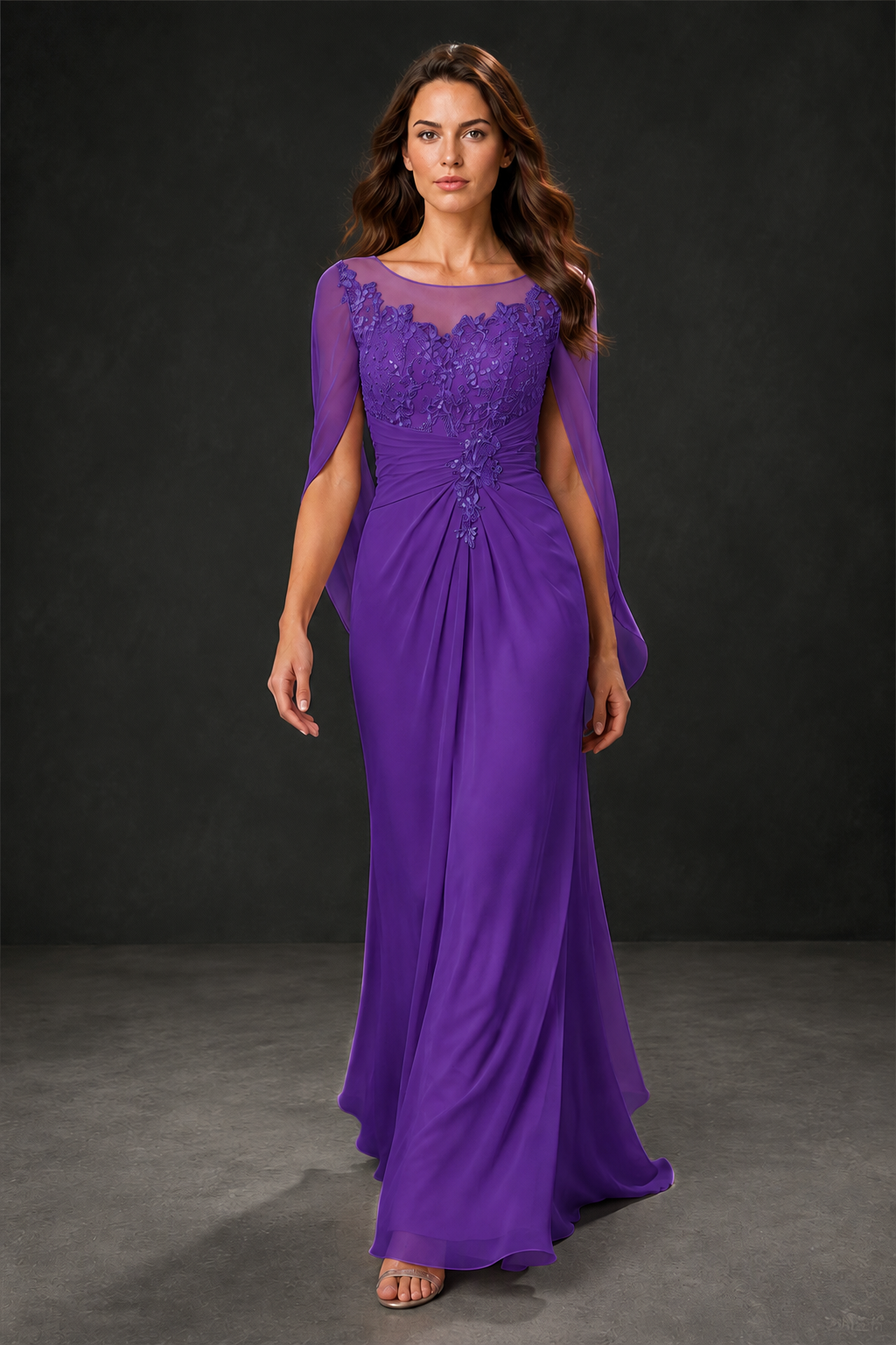 BOLODOO Purple Illusion Lace One-Side Cape Sleeve Beaded Chiffon Floor Length Gown | Mother of the Bride Evening Dress - Purple