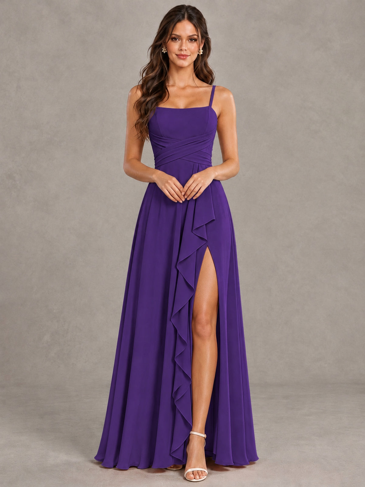 BOLODOO Purple Spaghetti Strap Ruffle Bridesmaid Dress with Slit - Purple - Purple (4)