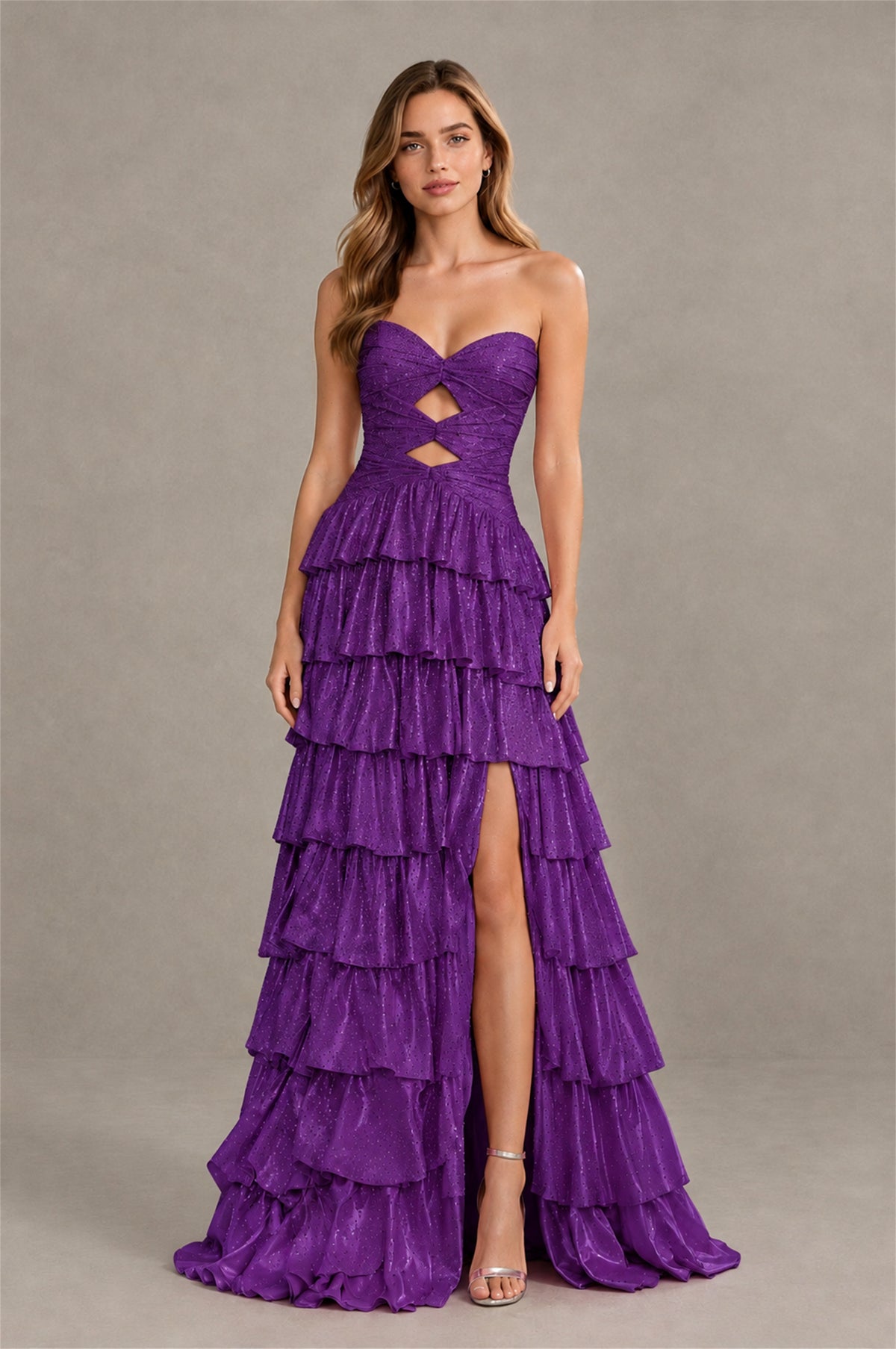 BOLODOO Purple Strapless Cutout Tiered Ruffle Prom Dress with High Slit - Purple - Purple (4)
