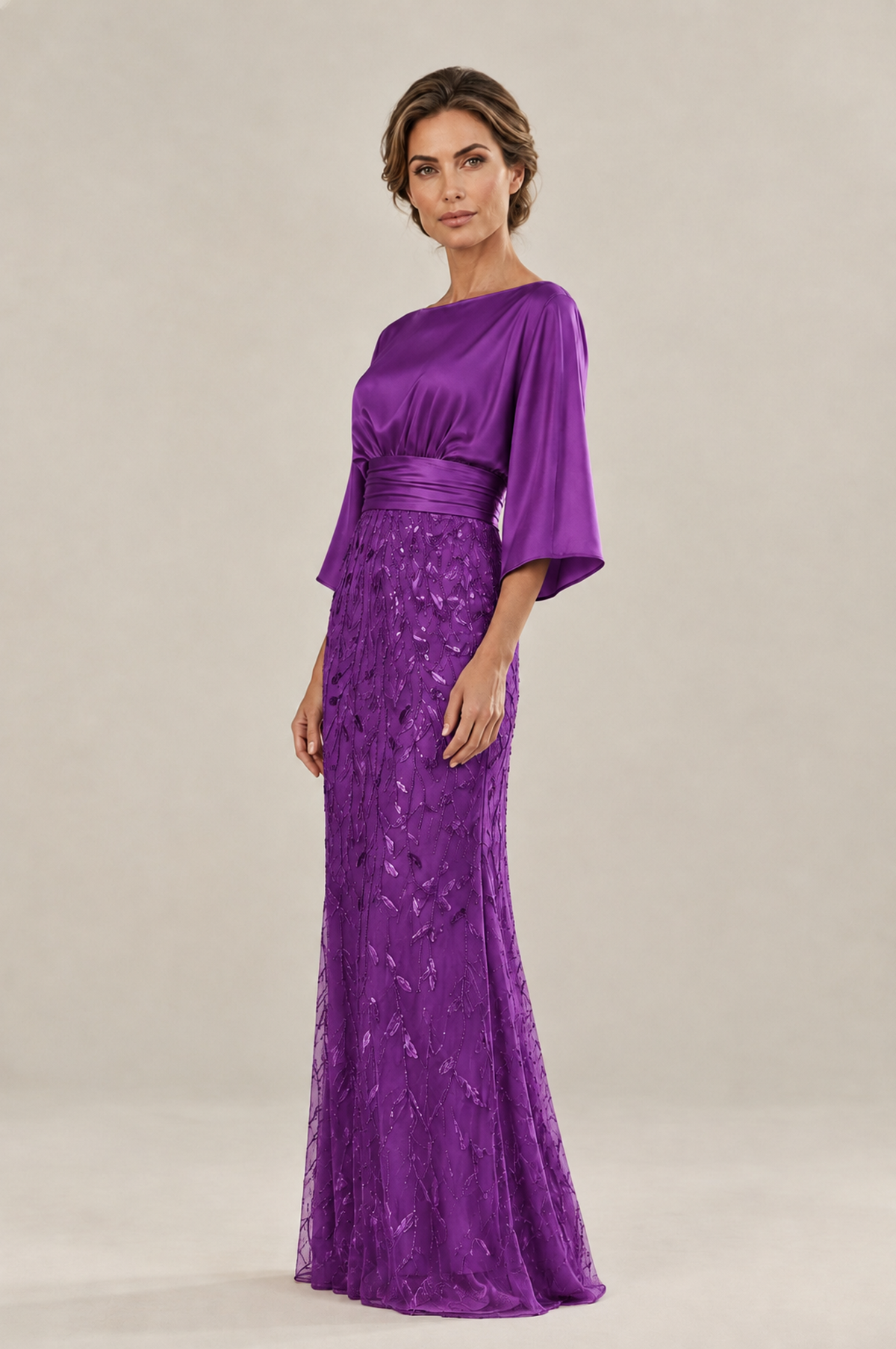 BOLODOO Purple Mother of the Bride Dress with Kimono Sleeves, Satin Bodice & Sequin Embroidered Mermaid Floor-Length Gown - Purple - Purple (4)