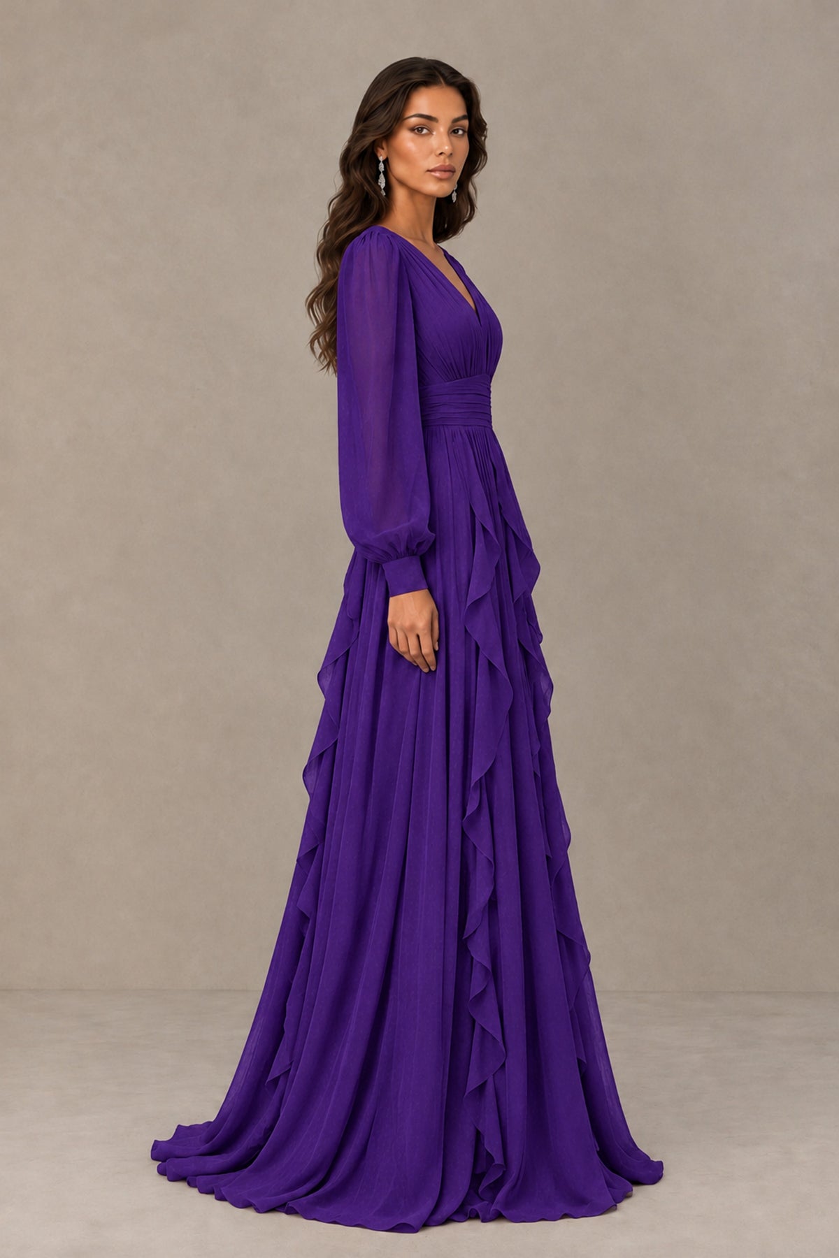 BOLODOO Purple Long Sleeve V-Neck Ruffle Maxi Dress - Purple - Purple (4)