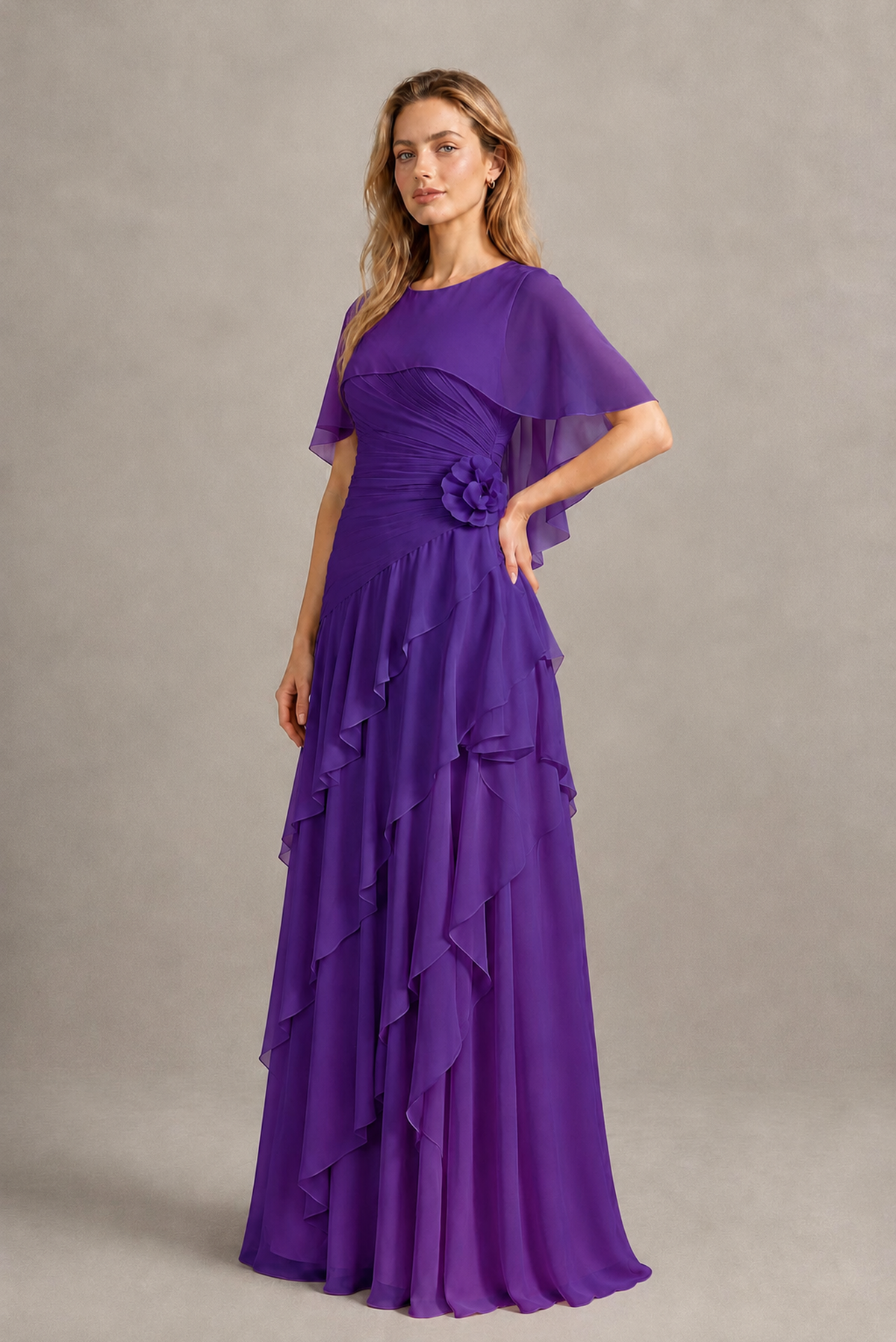BOLODOO Purple Chiffon Flutter Sleeve Tiered Maxi Dress with 3D Rosette - Purple