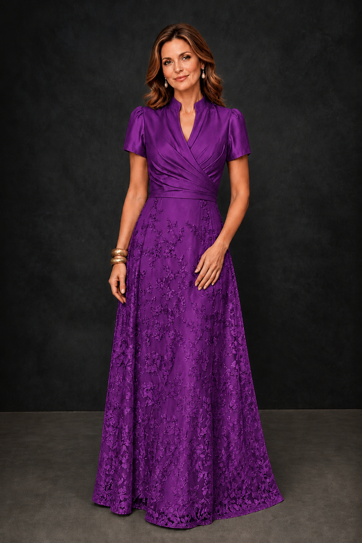 BOLODOO Purple Satin Wrap V-Neck Short Sleeve Lace Glitter A-Line Floor Length Evening Gown – Formal Dress - Purple - Purple (4)