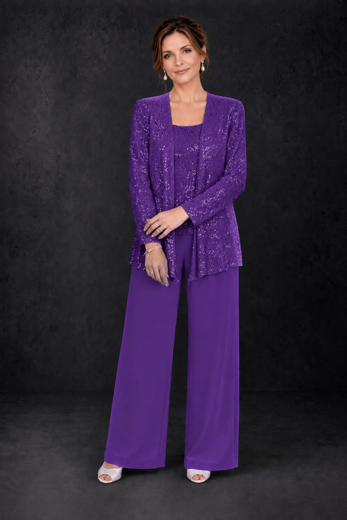 BOLODOO Purple Sequin Lace 3-Piece Pant Suit with Long Sleeve Jacket - Purple - Purple (4)
