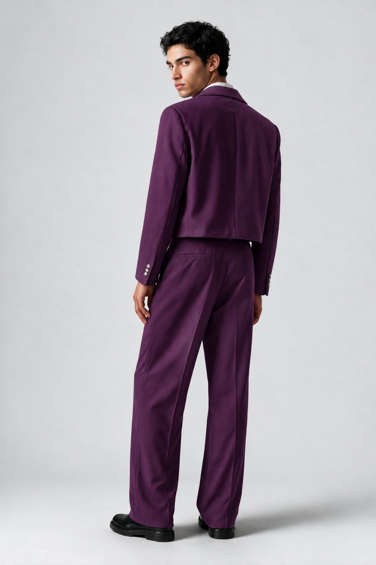 Bolodoo Men's Purple Cropped Blazer & Wide-Leg Trousers 2-Piece Suit - Purple - Purple (4)