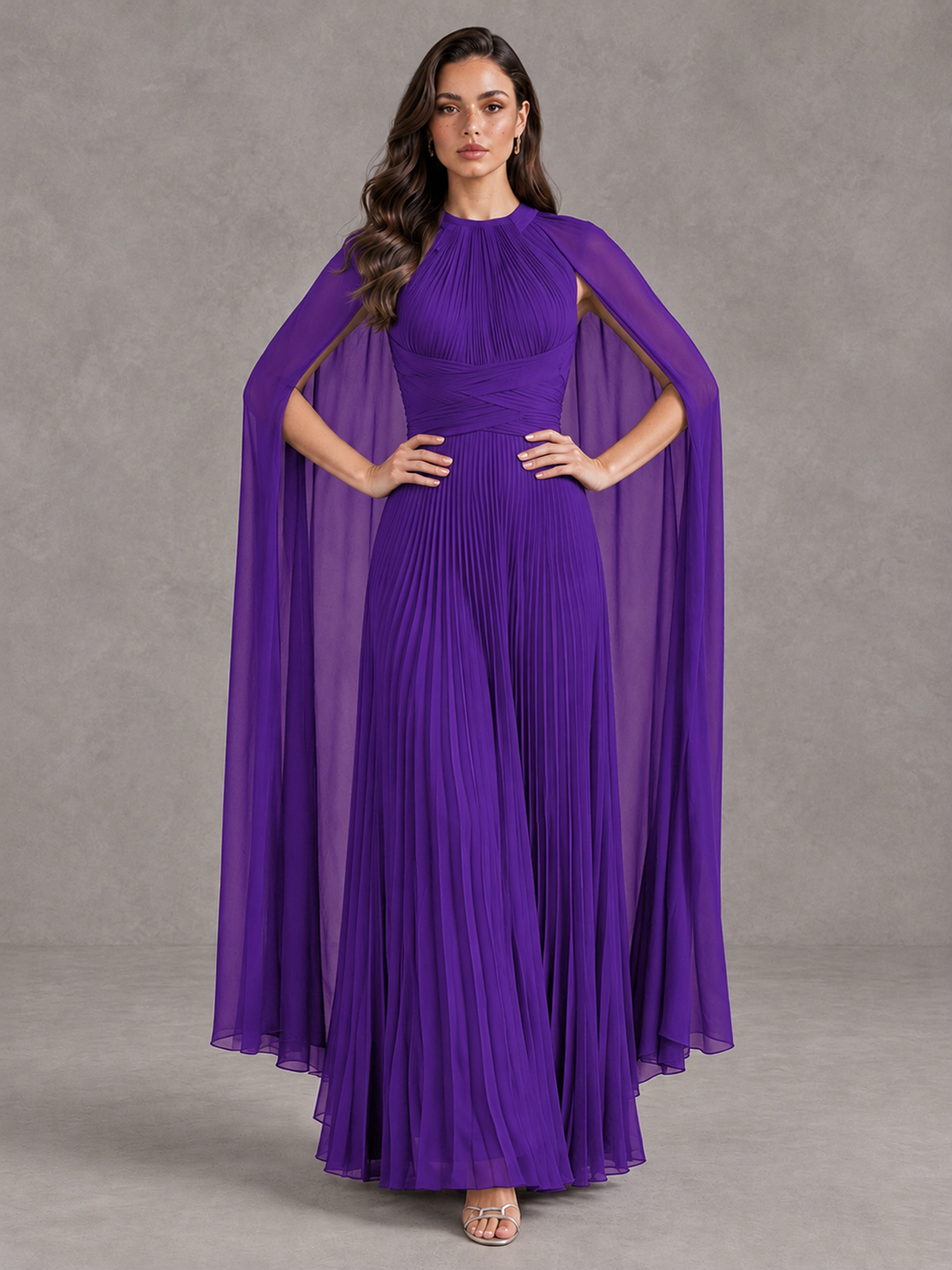 BOLODOO Purple Pleated Cape Maxi Wedding Guest Dress - Purple - Purple (4)